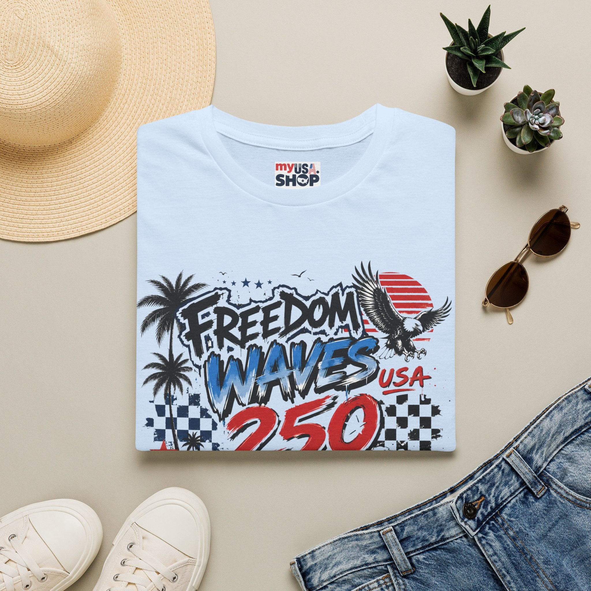 Freedom Waves America 250 USA T-Shirt — Patriotic Surf Graphic Tee