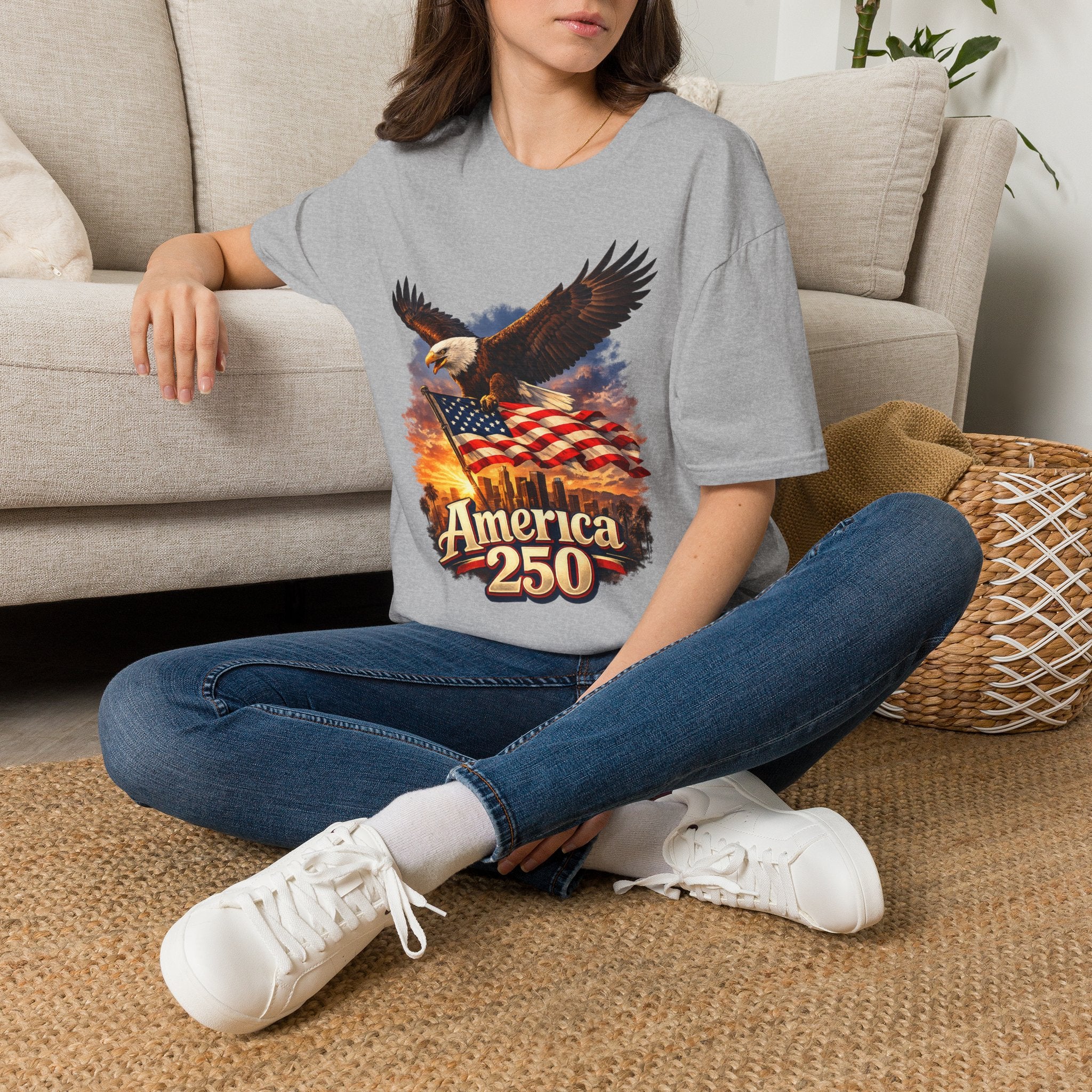 America 250 Los Angeles Eagle Flag Skyline Palms Sunset White California Tee
