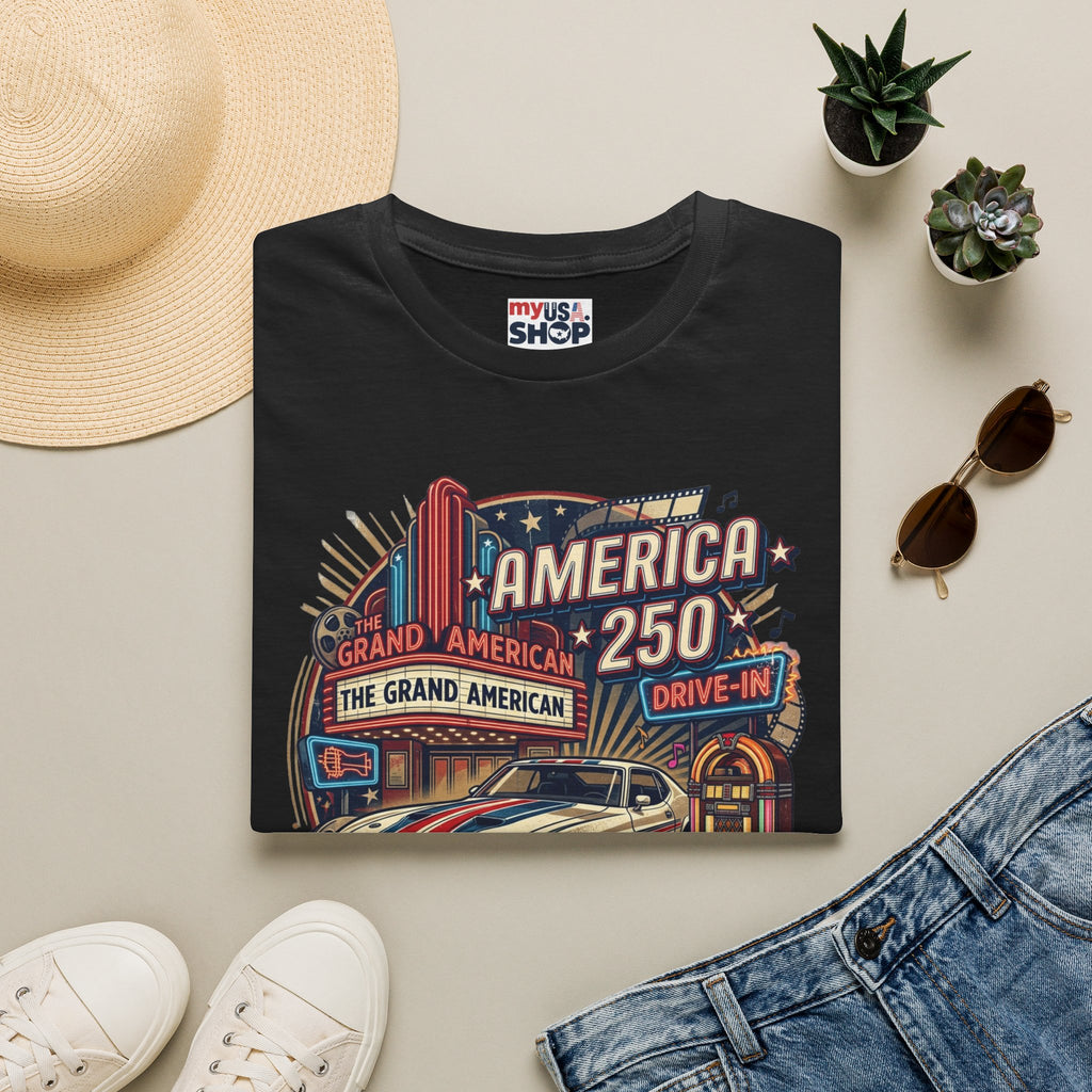 America 250 Vintage Drive-In Car T-Shirt — "Born to Entertain the World" Pop Culture