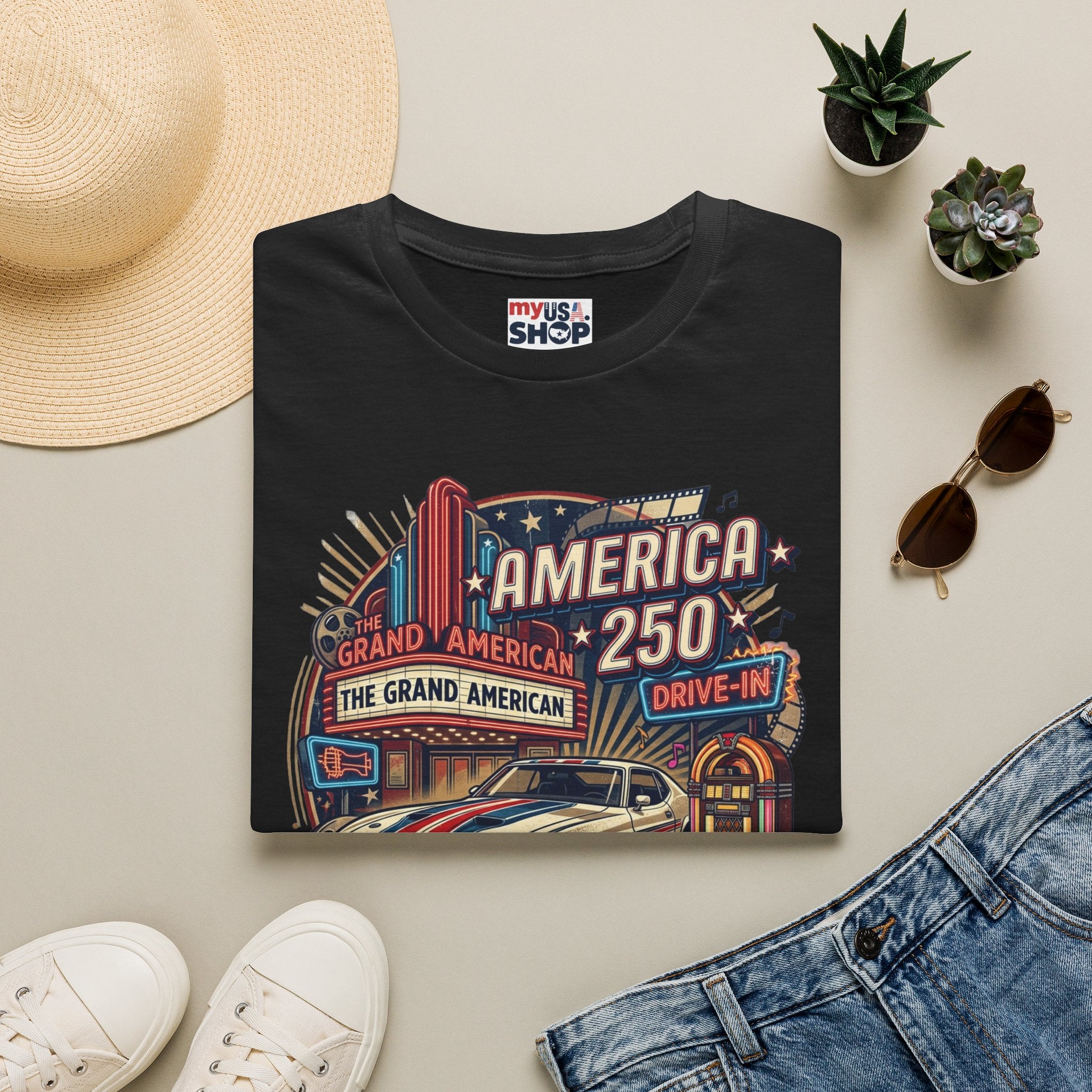 America 250 Vintage Drive-In Car T-Shirt — "Born to Entertain the World" Pop Culture