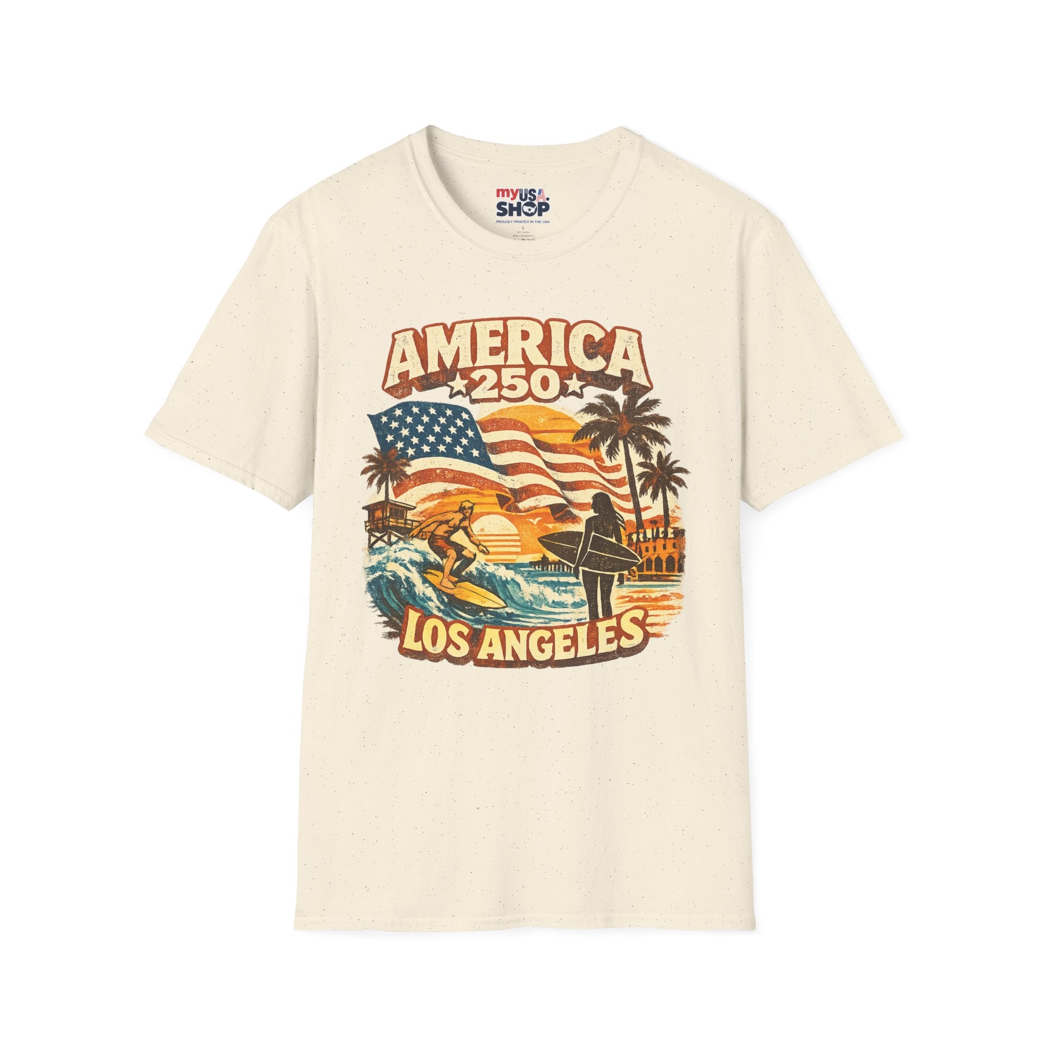 America 250 Los Angeles Surfers Beach Flag Palm Trees Sunset Retro California Tee