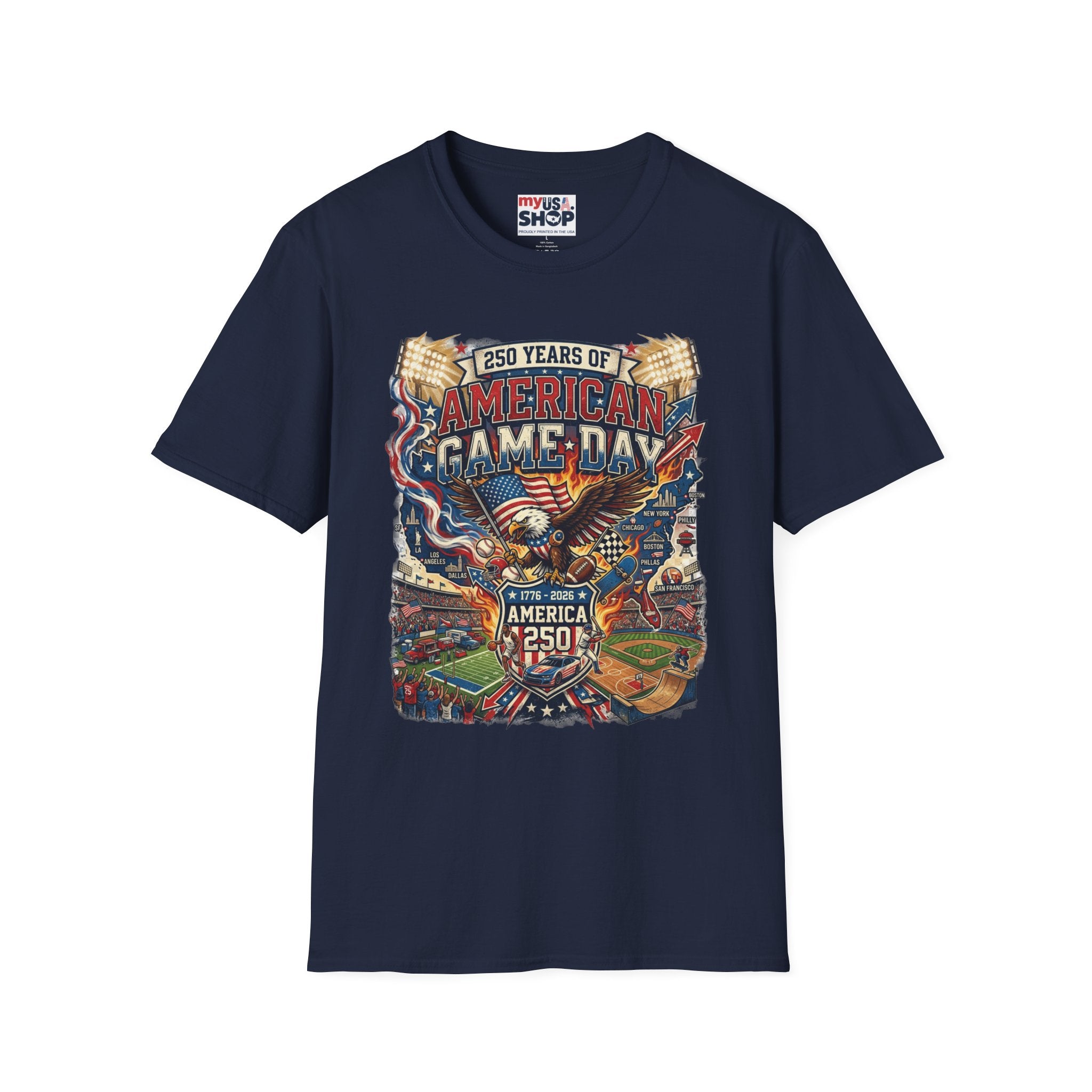 American Game Day T-Shirt — 250 Years USA Football & Baseball Celebration Pop Culture