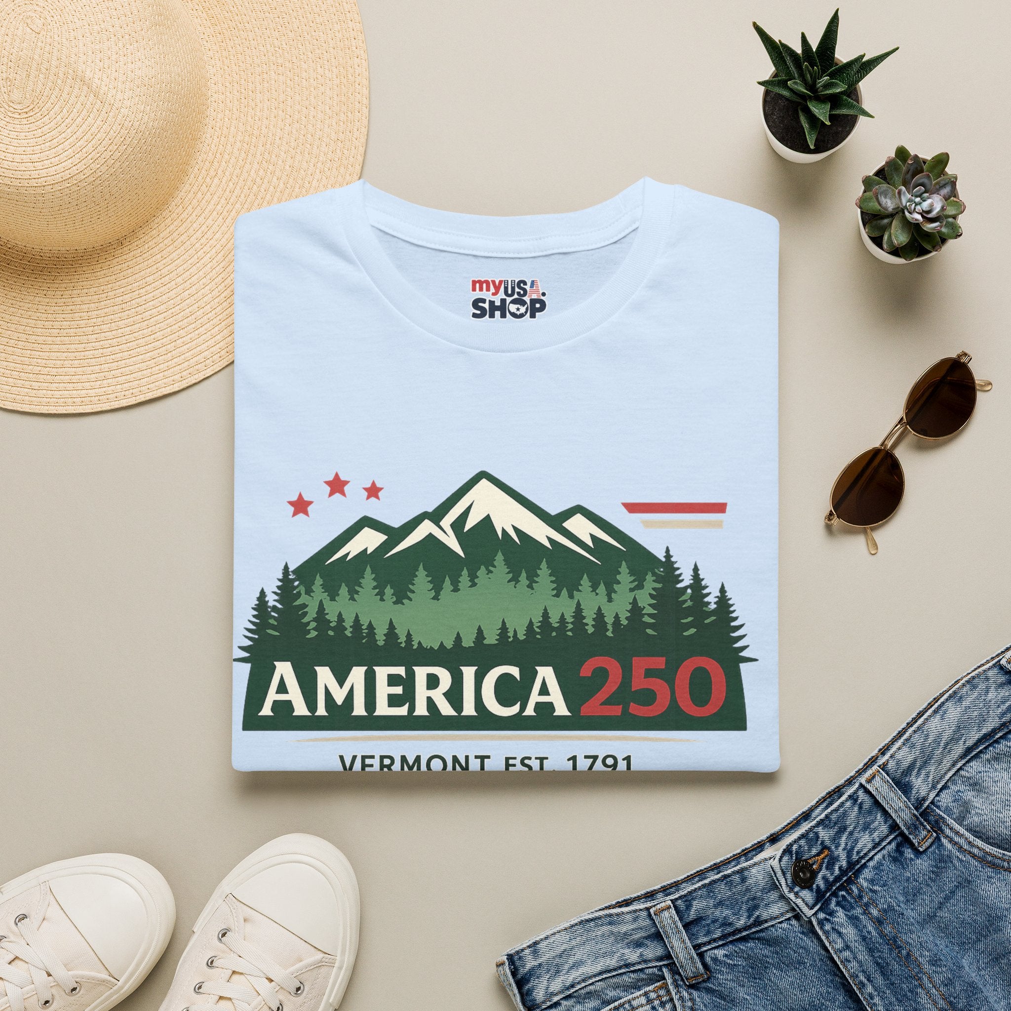 America 250 – Vermont Est. 1791 Mountain Star Vintage Tee Design