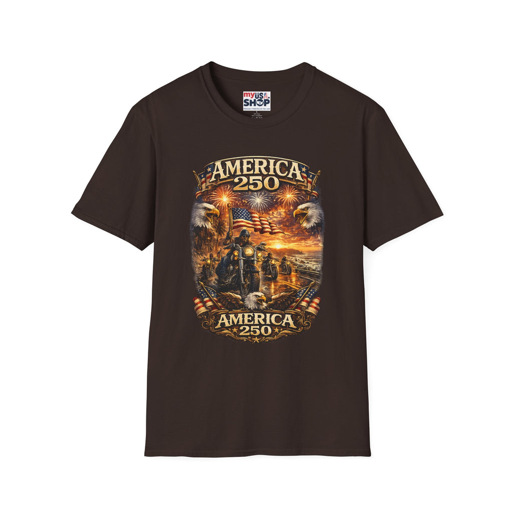 America 250 Celebration T-Shirt — Patriotic Fireworks & Bald Eagle Tee