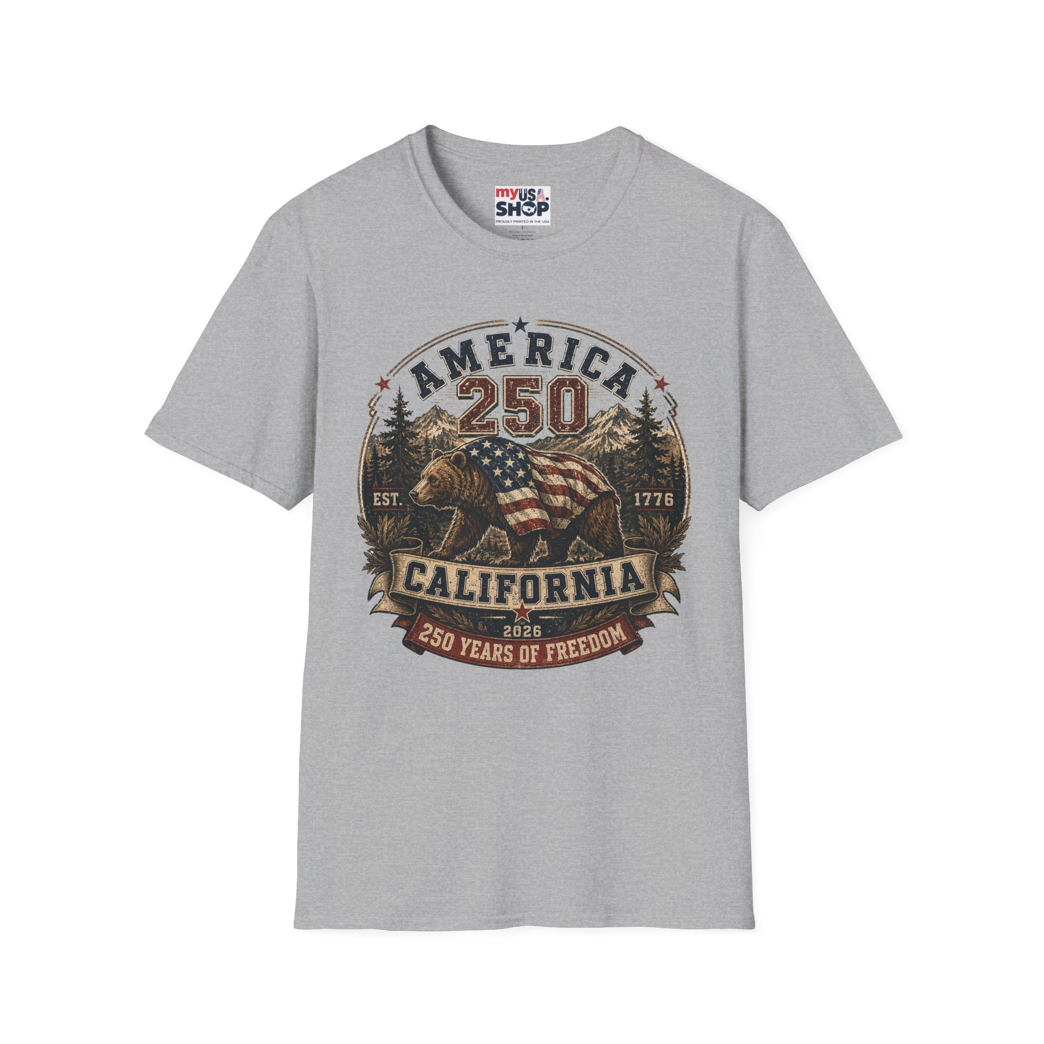 America 250 California T-Shirt — 250 Years of Freedom Patriotic Bear Design