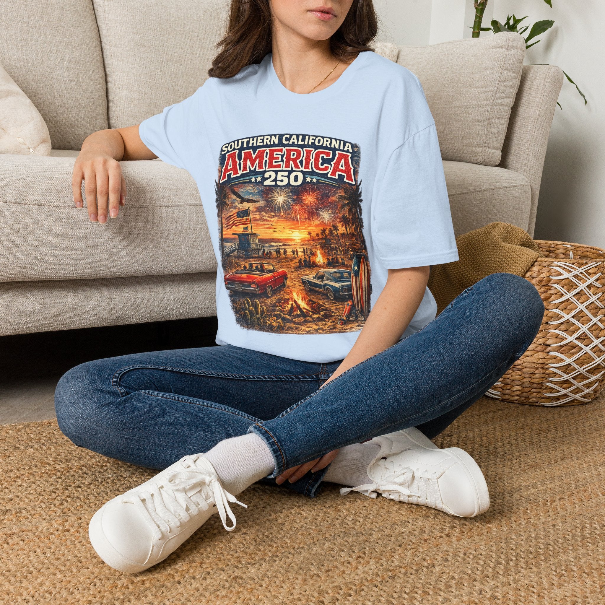 America 250 Southern California Sunset T-Shirt — Patriotic 4th of July Beach Vintage Tee