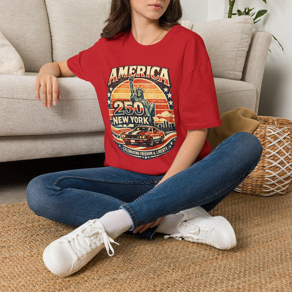 America 250 New York T-Shirt — Retro Statue of Liberty Graphic