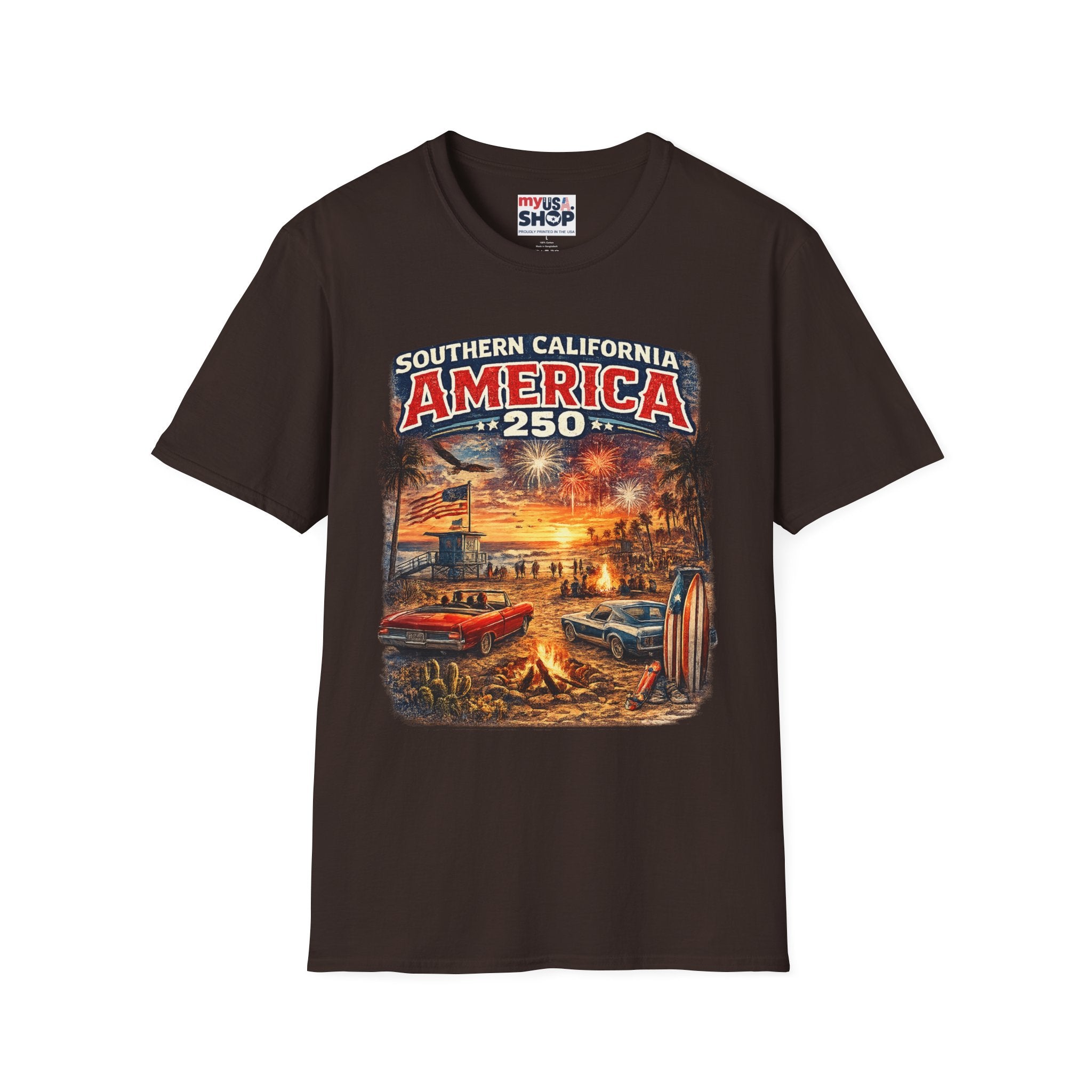 America 250 Southern California Sunset T-Shirt — Patriotic 4th of July Beach Vintage Tee