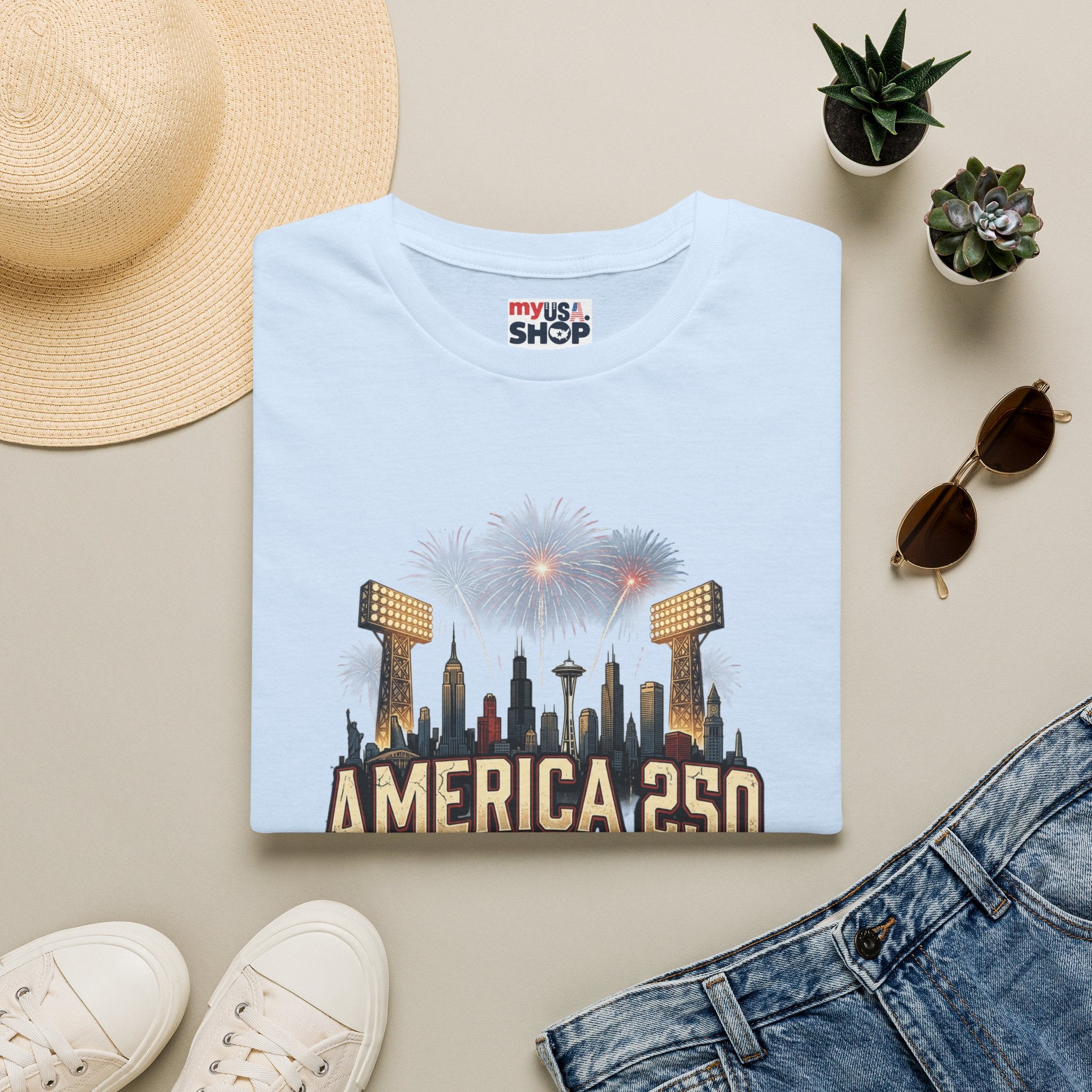 America 250 Celebration T‑Shirt — Hometown Legends Fireworks Skyline Pop Culture