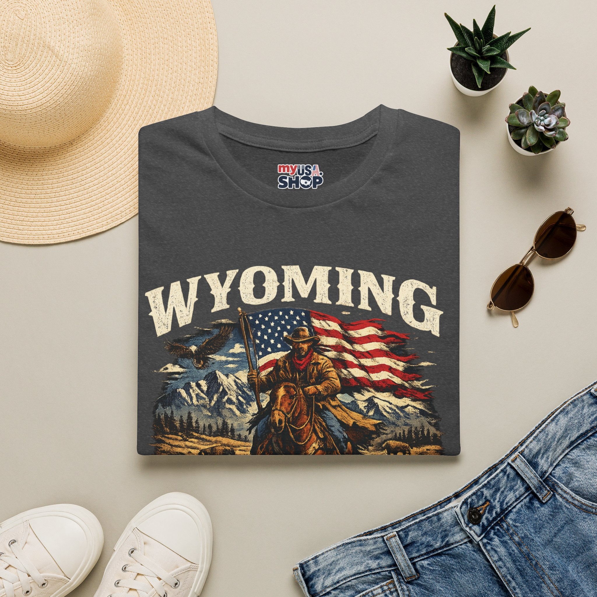 Wyoming Patriot Graphic T-Shirt — America 250 Flag & Cowboy Vintage Design
