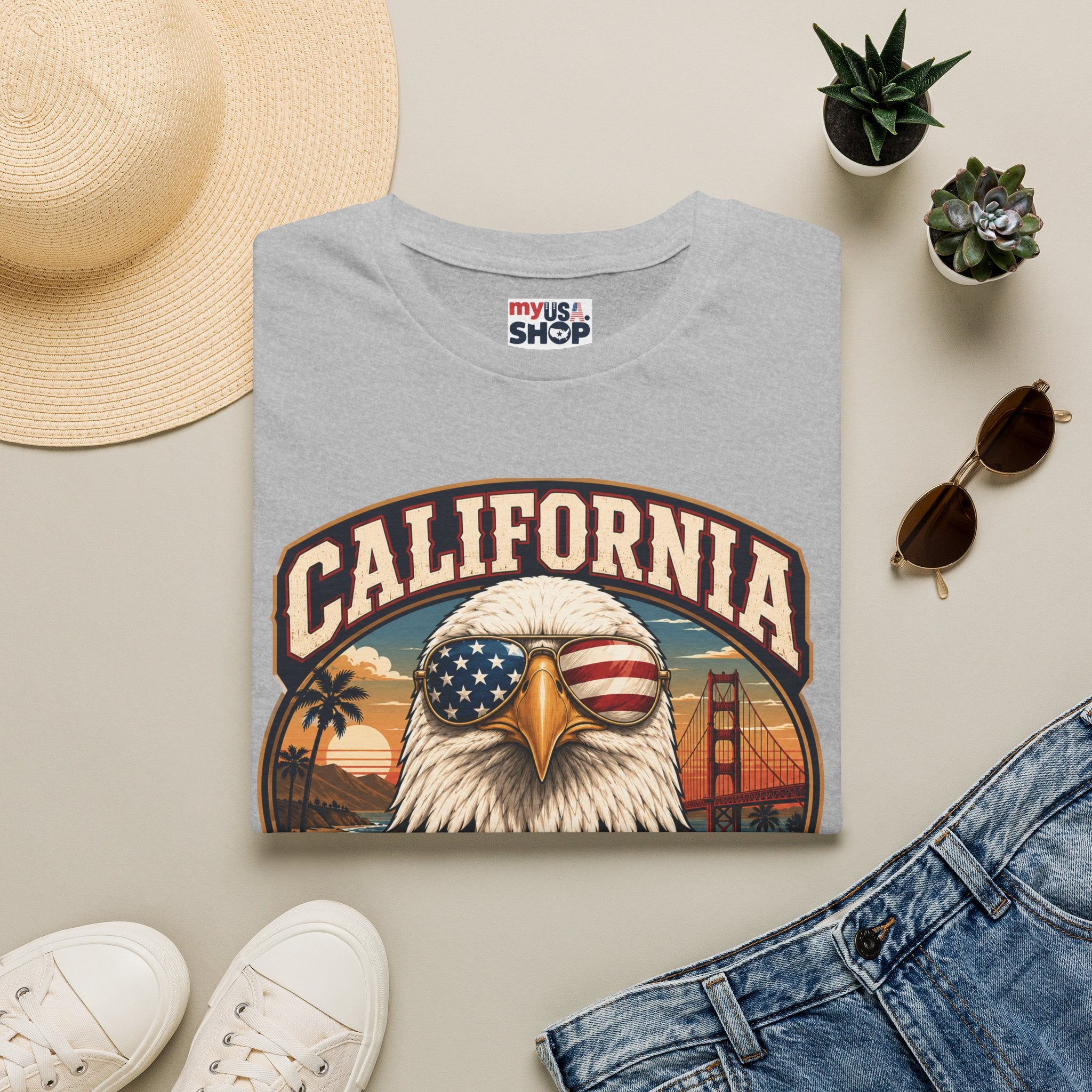 America 250 California Eagle Club T-Shirt — Patriotic Vintage Bald Eagle & Golden Gate Tee