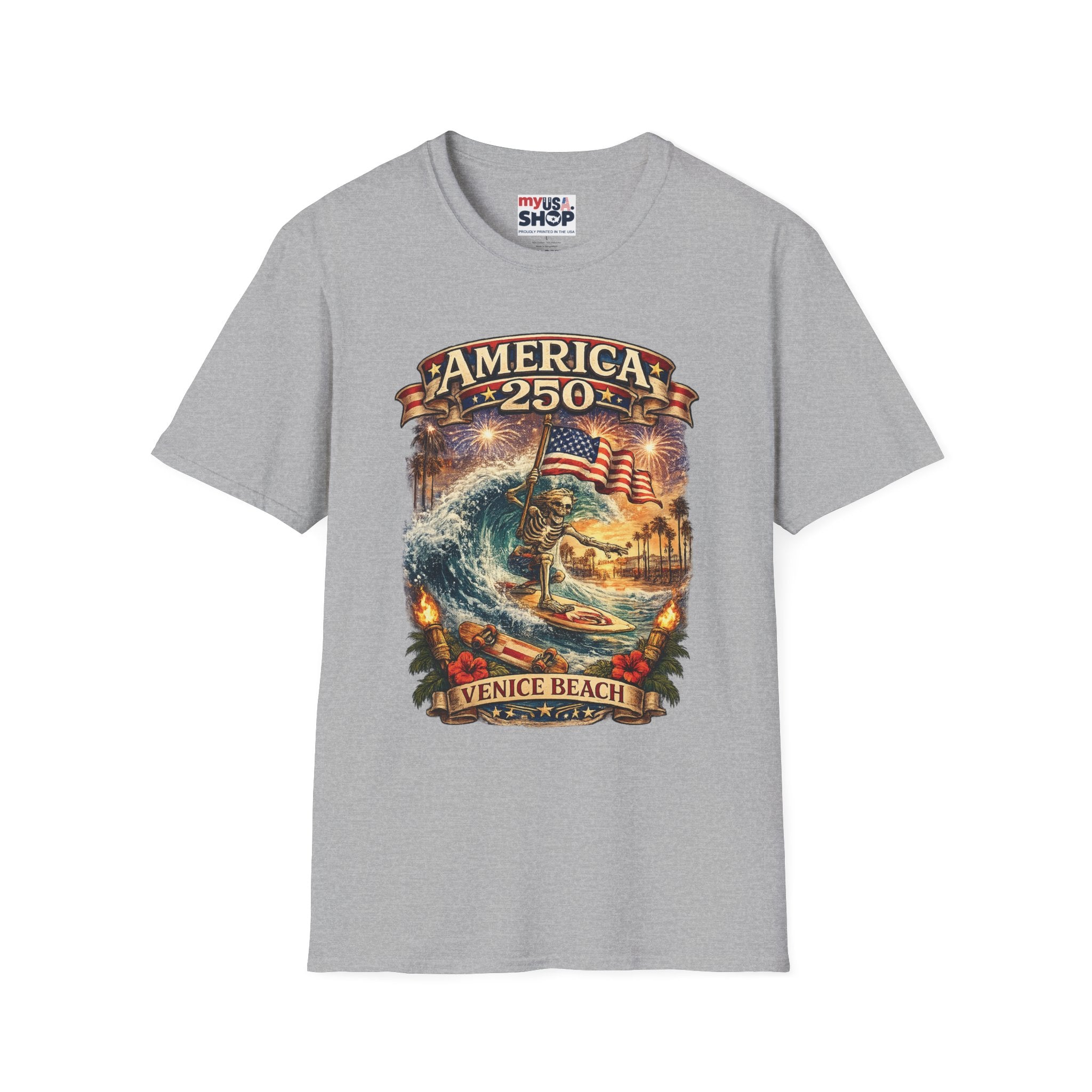 America 250 Venice Beach T-Shirt — Patriotic Vintage Surf & Fireworks Tee