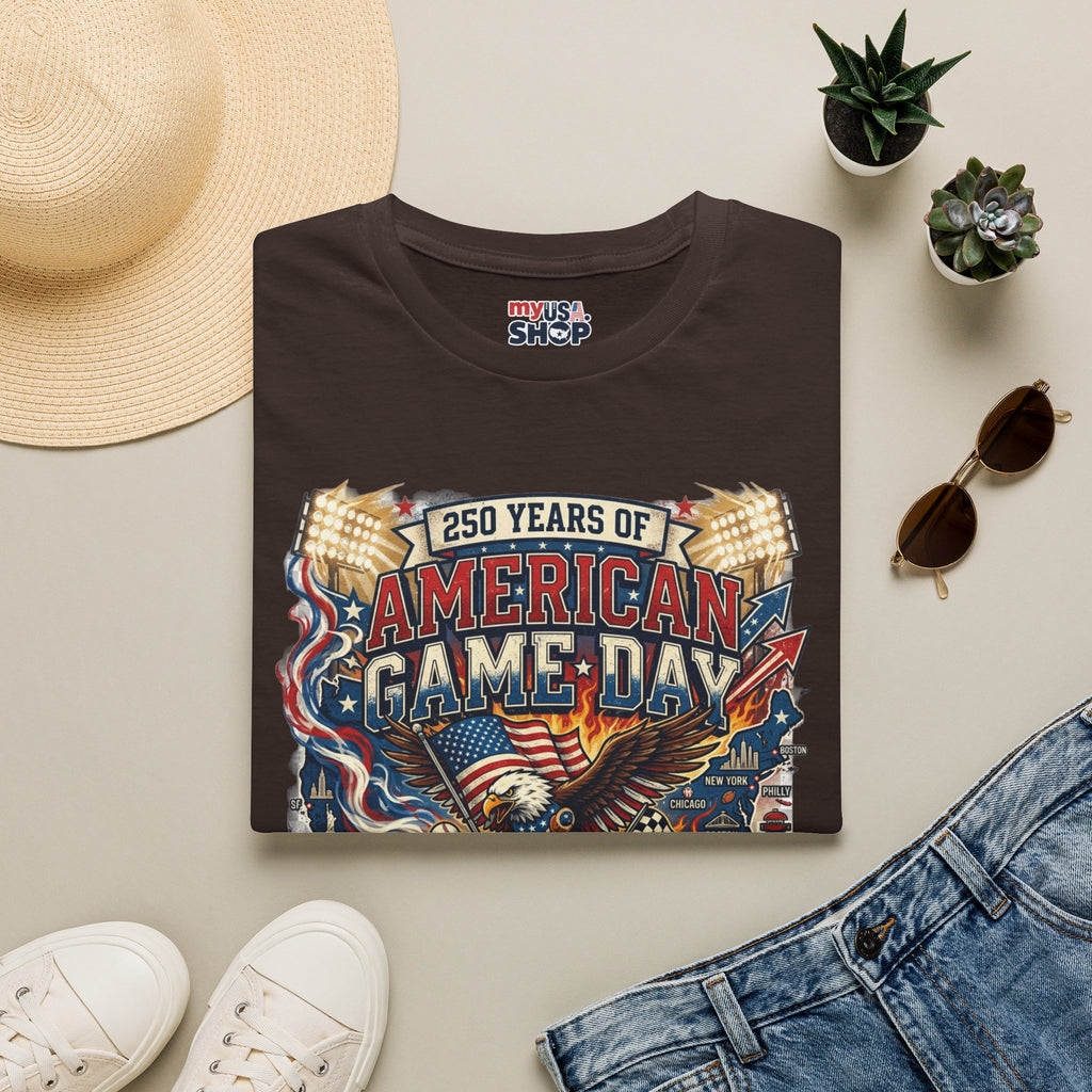 American Game Day T-Shirt — 250 Years USA Football & Baseball Celebration Pop Culture