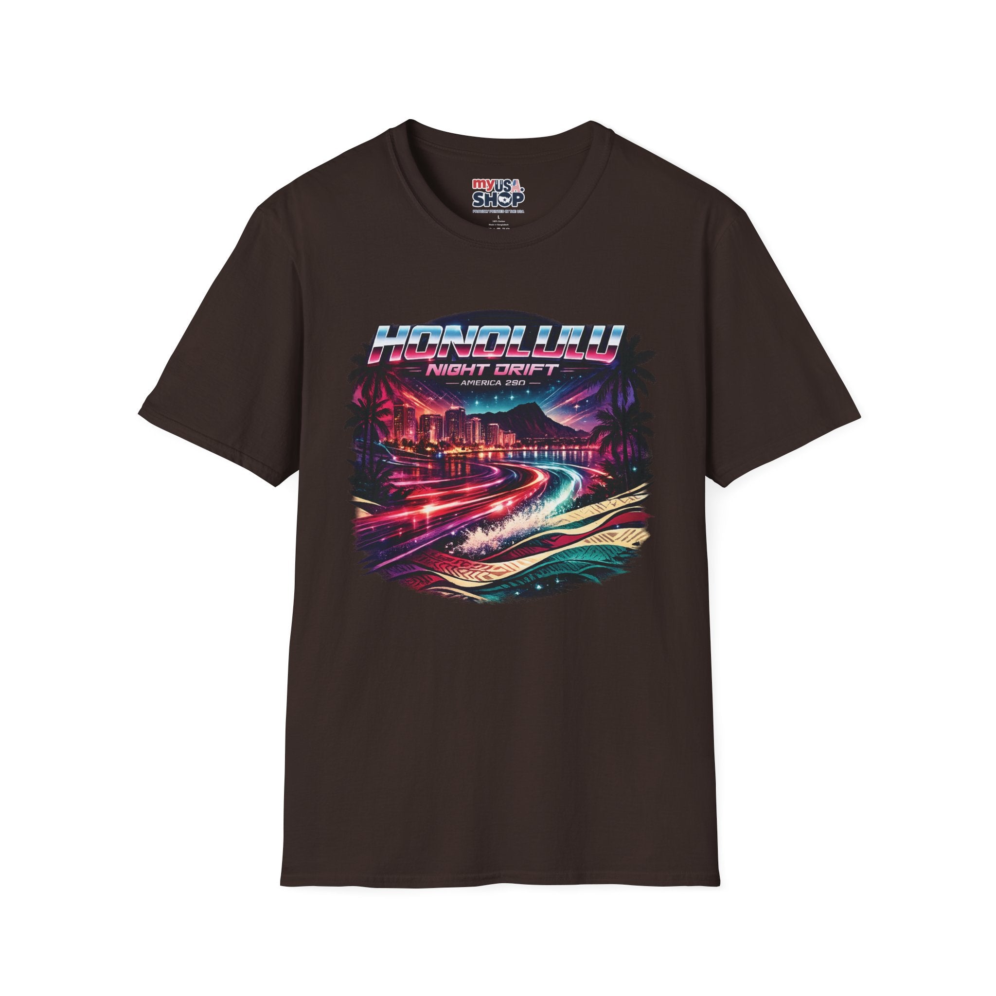 America 250 Honolulu Night Drift T-Shirt — Retro Neon Hawaii Surf & Cityscape Tee