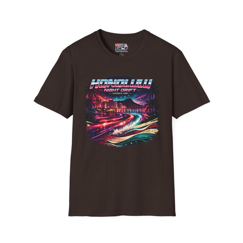 America 250 Honolulu Night Drift T-Shirt — Retro Neon Hawaii Surf & Cityscape Tee