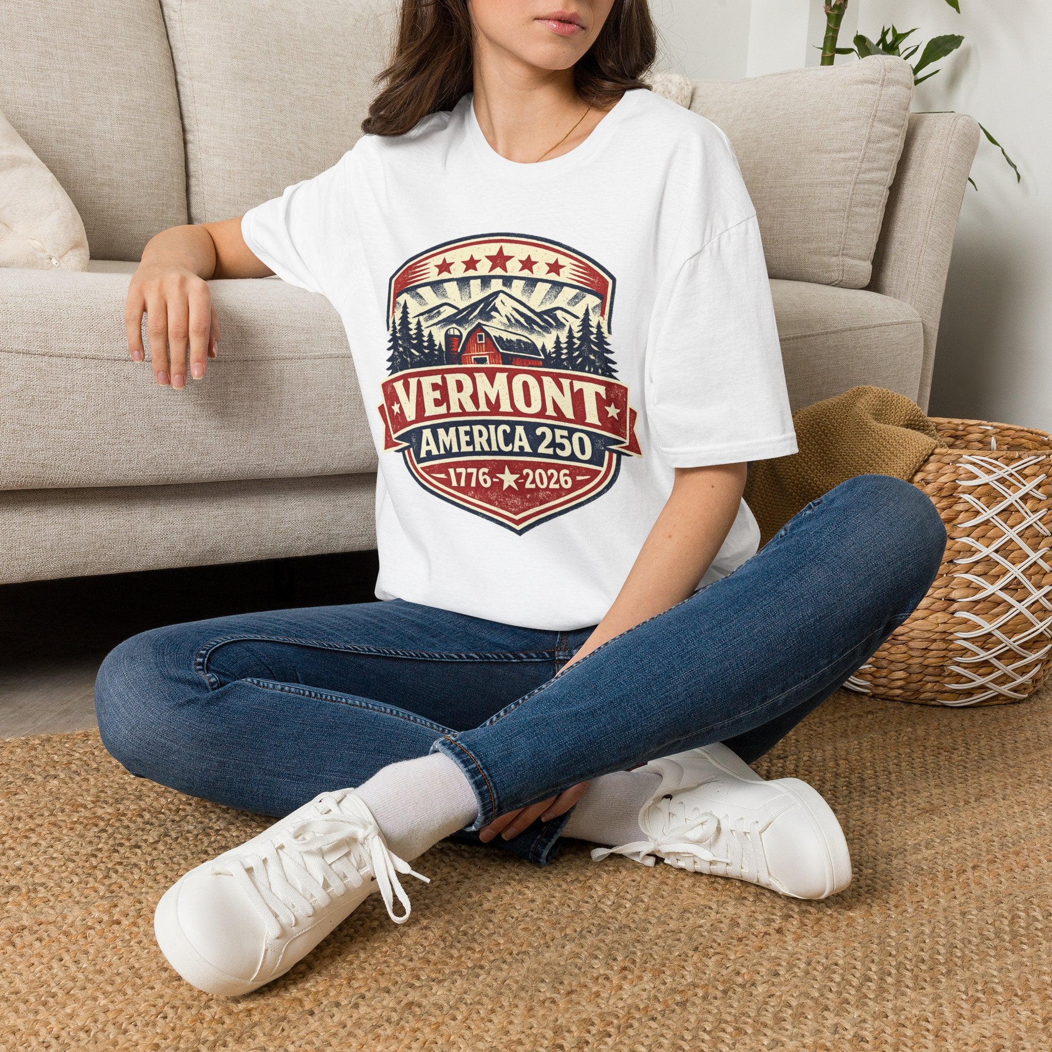 Vermont America 250 T-Shirt — Retro Mountain Cabin Design