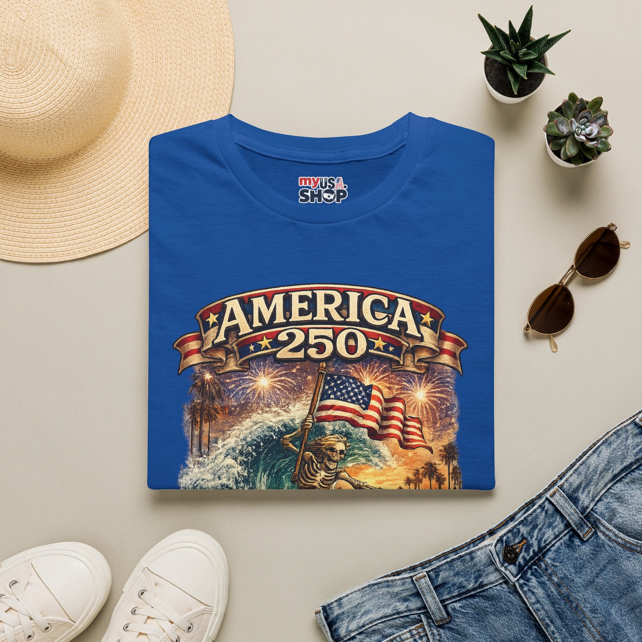 America 250 Venice Beach T-Shirt — Patriotic Vintage Surf & Fireworks Tee