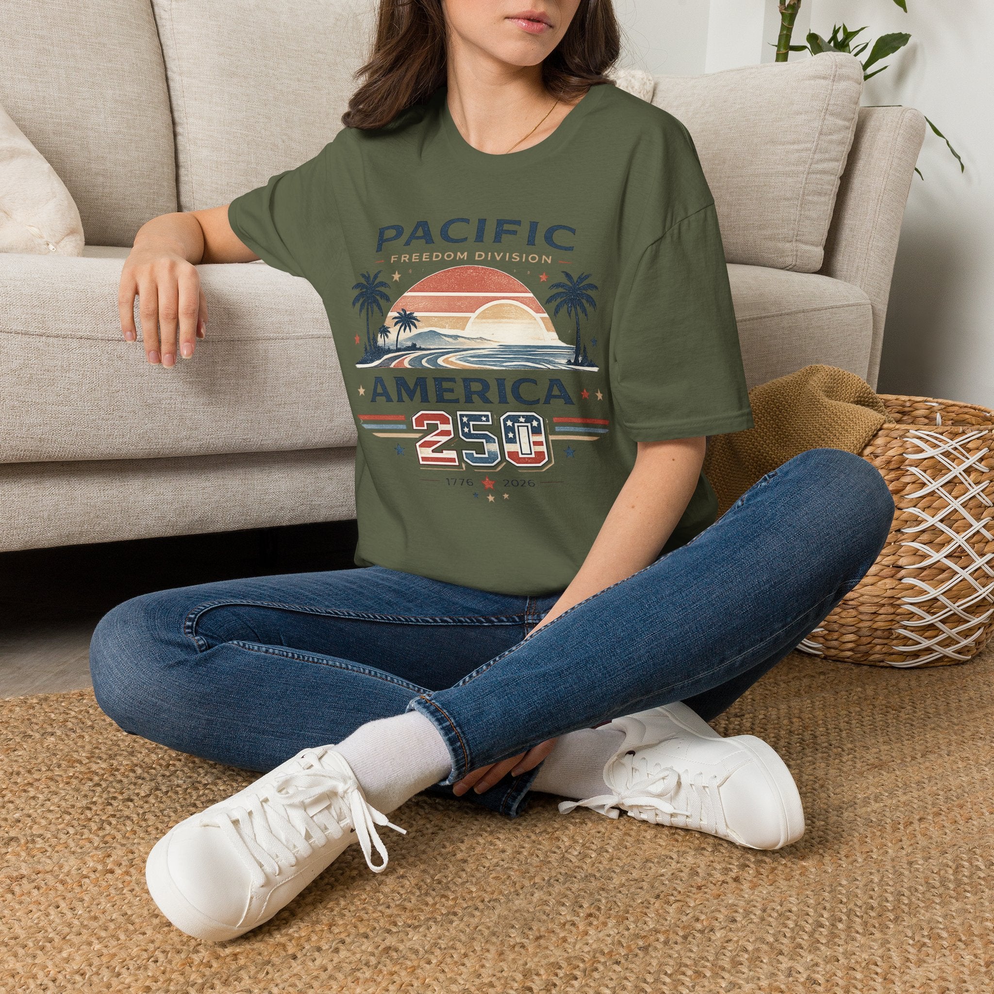 America 250 Pacific Sunset T-Shirt — Vintage Coastal Palm Beach Graphic