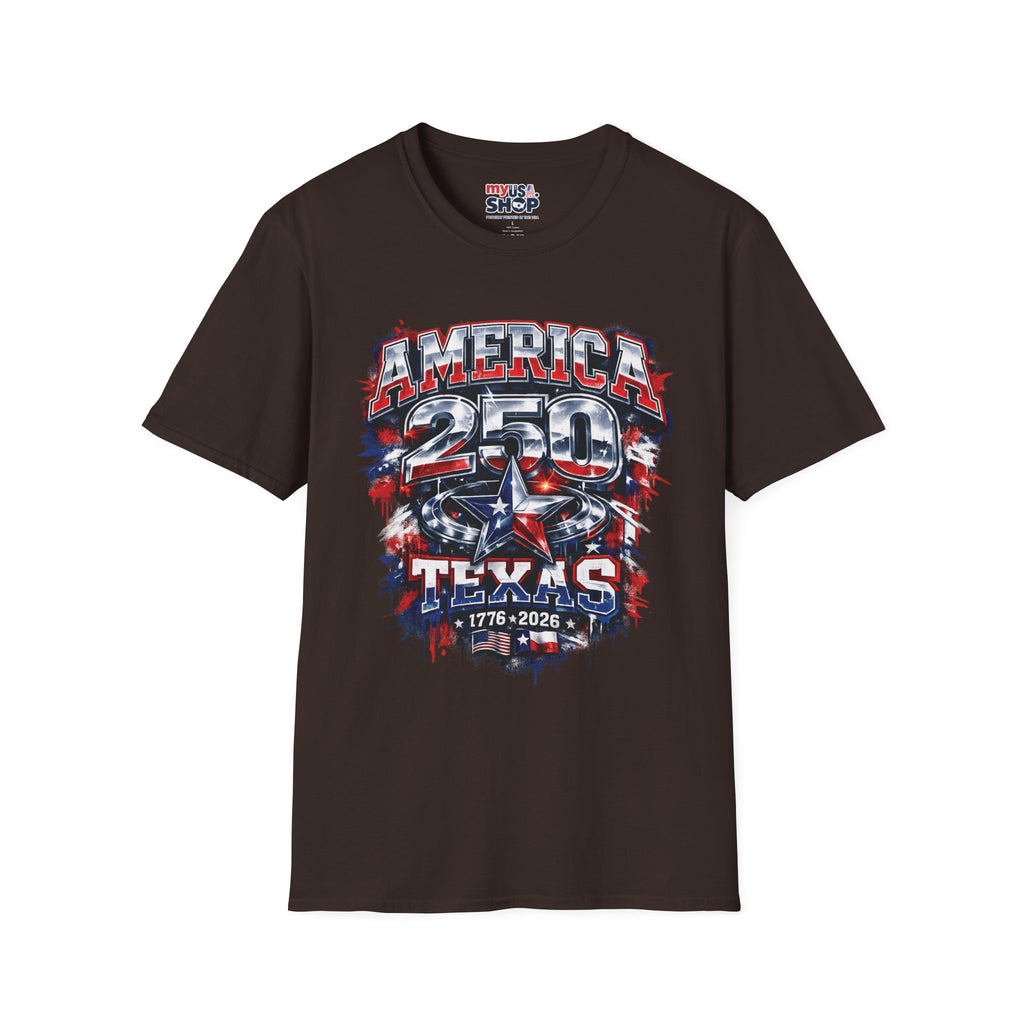 America 250 Texas Shirt — Patriotic Chrome Star Graphic Tee