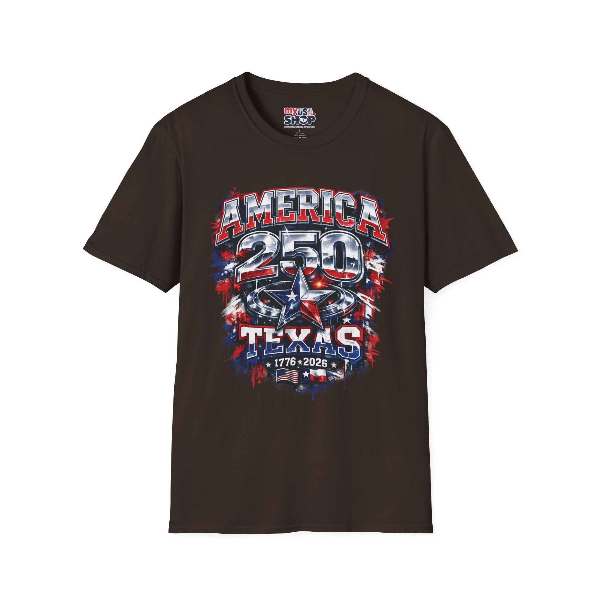 America 250 Texas Shirt — Patriotic Chrome Star Graphic Tee