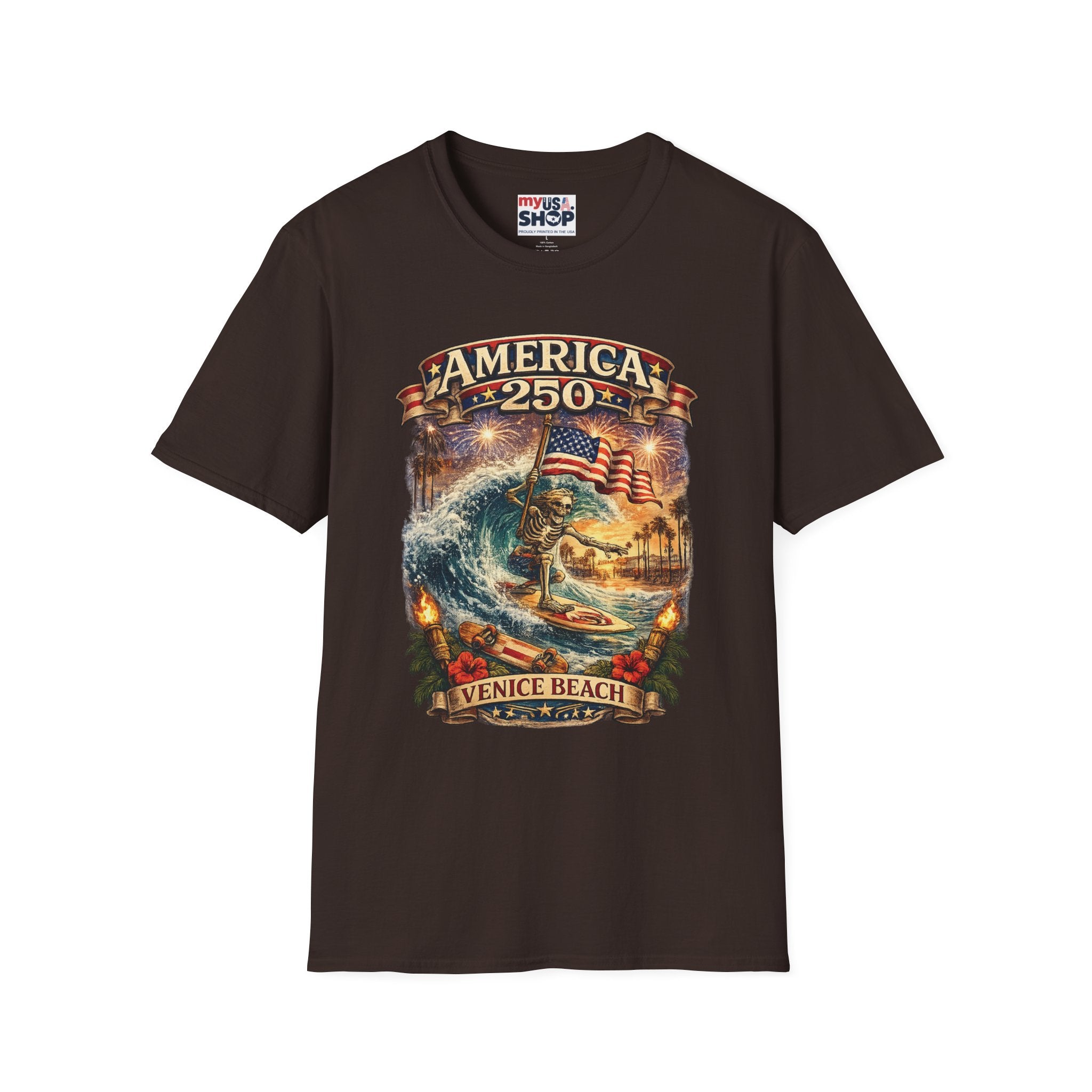 America 250 Venice Beach T-Shirt — Patriotic Vintage Surf & Fireworks Tee