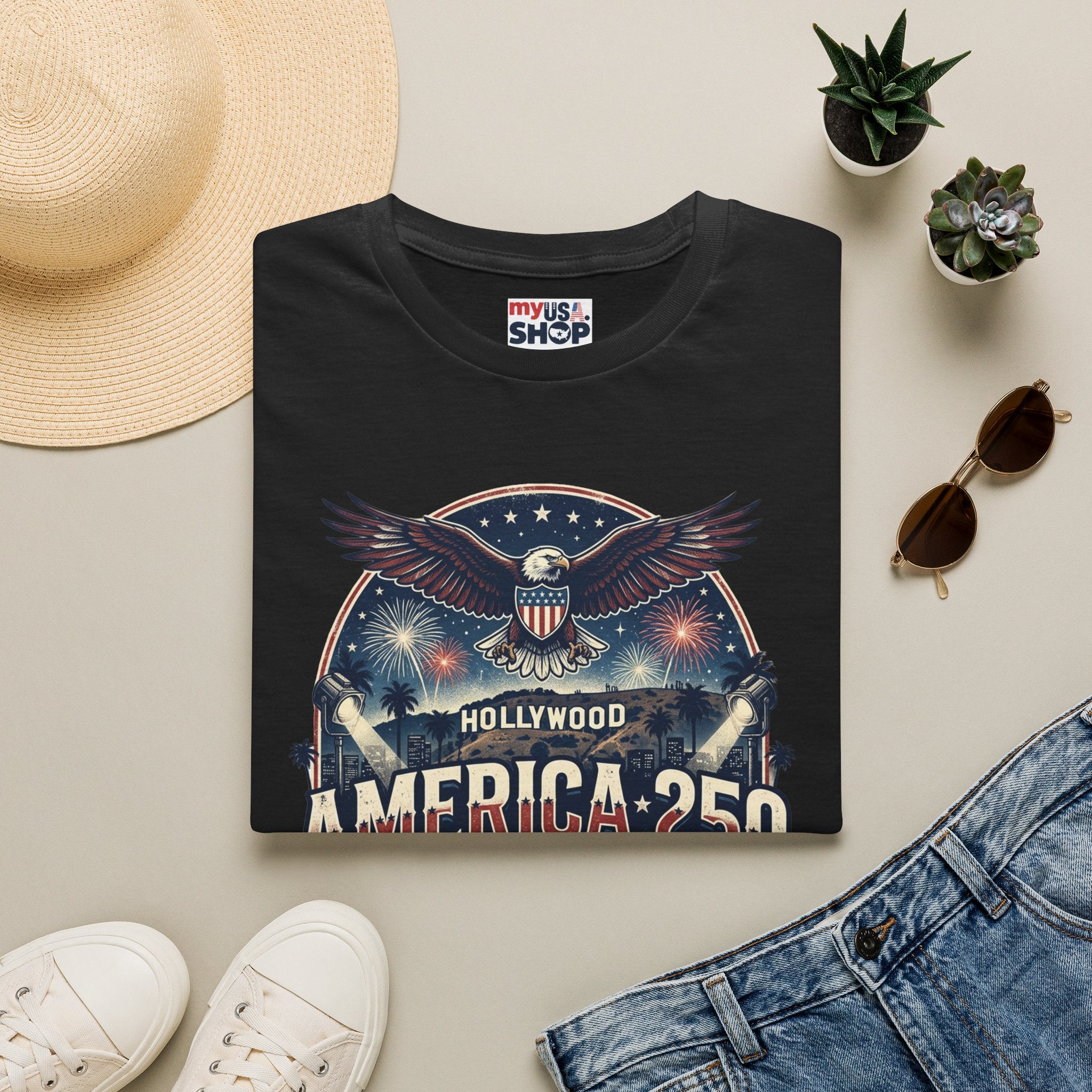 America 250 Graphic T-Shirt — Hollywood Stars & Stripes Eagle Design