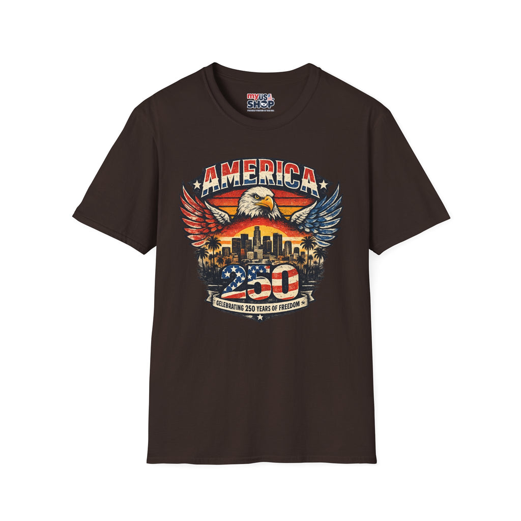 America 250 Los Angeles Eagle Wings Skyline Palms Celebrating 250 Years of Freedom California Tee