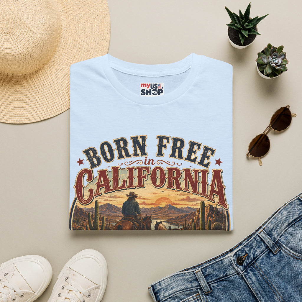 America 250 Born Free in California T-Shirt — Vintage Western Sunset Graphic