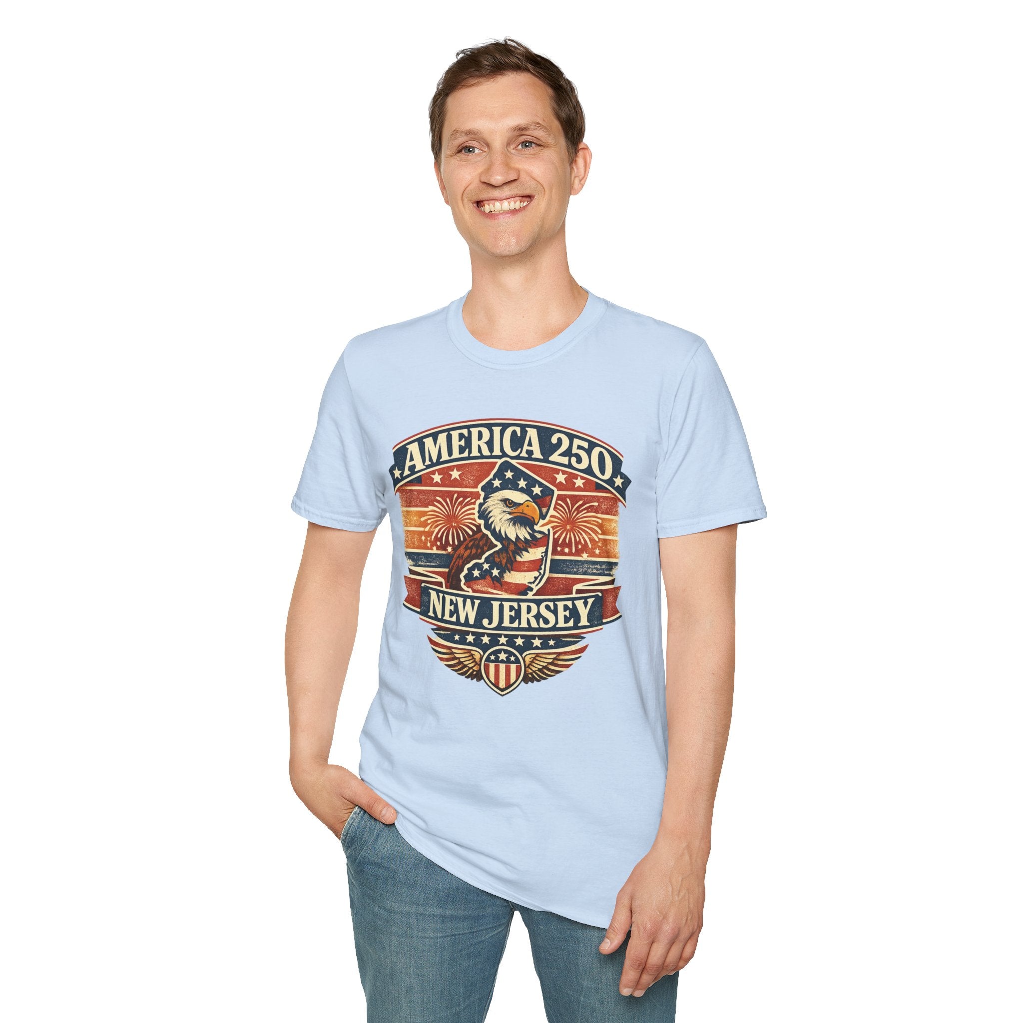 America 250 New Jersey T‑Shirt — Patriotic Bald Eagle & Fireworks Tee