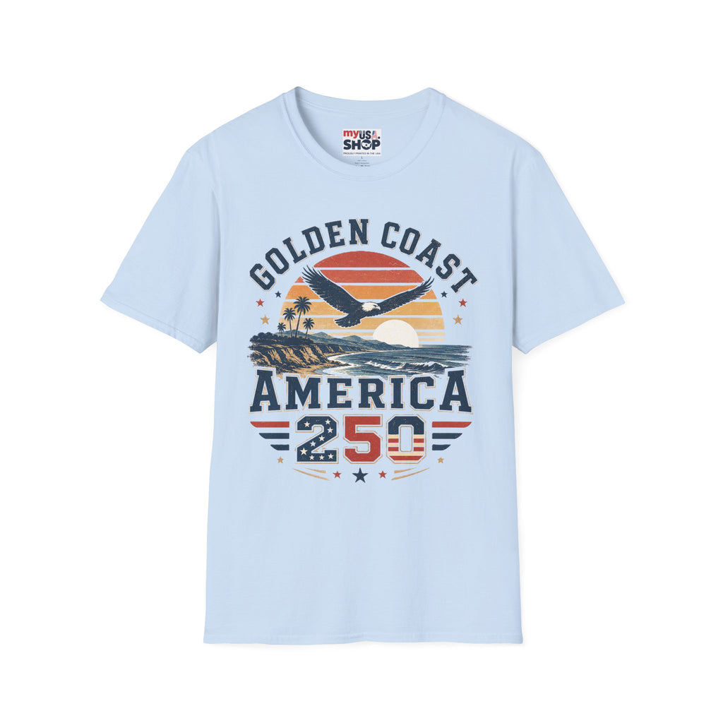 Golden Coast T-Shirt — Retro Sunset Eagle America 250 Beach Tee