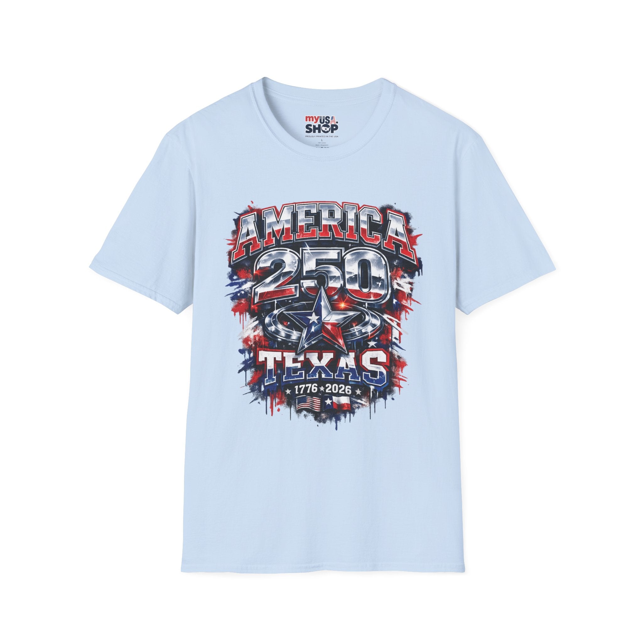 America 250 Texas Shirt — Patriotic Chrome Star Graphic Tee