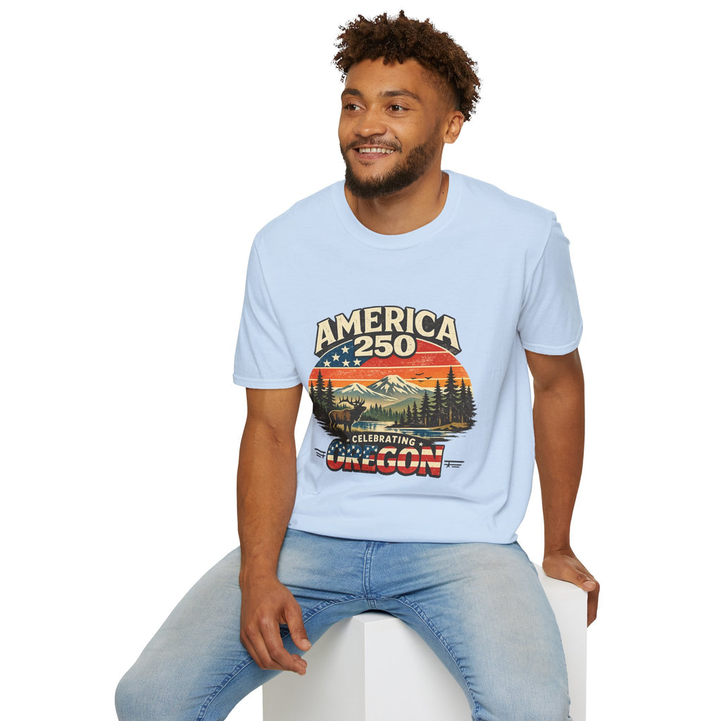 America 250 Oregon Shirt — Retro Wildlife Sunset Graphic Tee