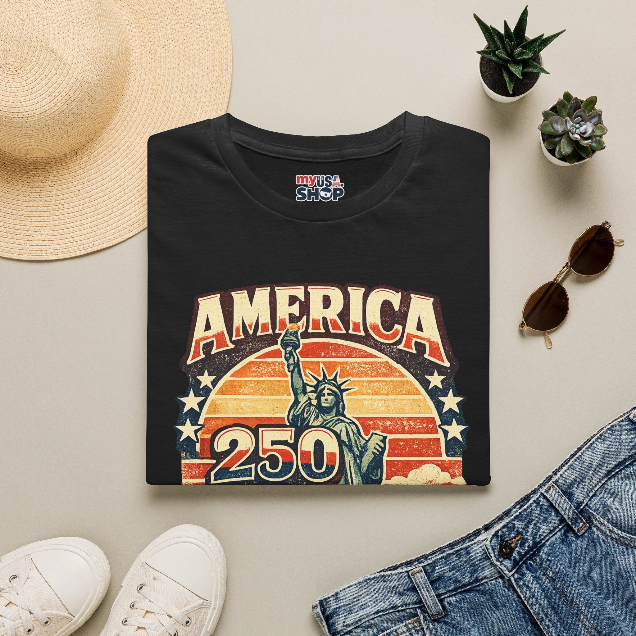 America 250 New York T-Shirt — Retro Statue of Liberty Graphic