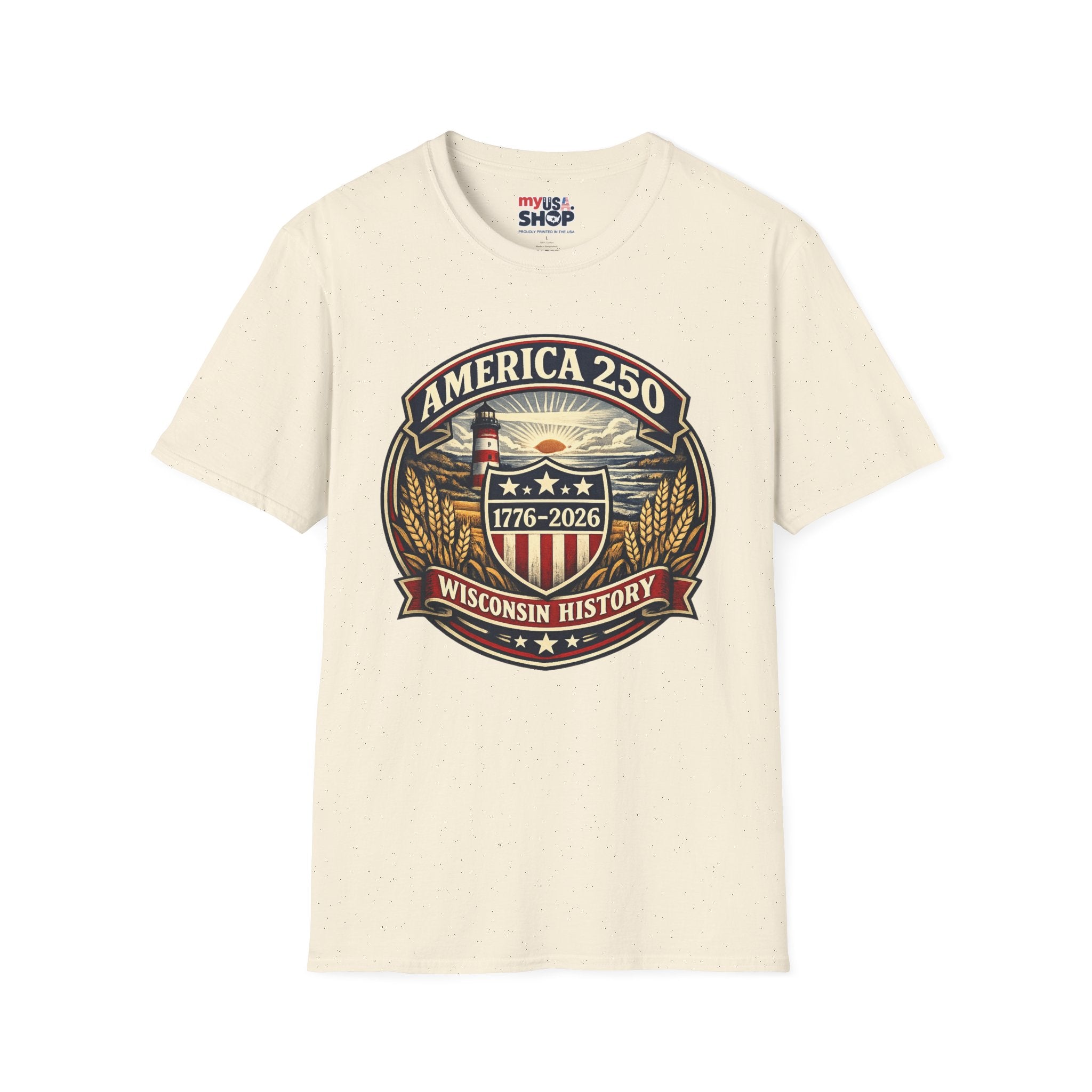 America 250 Commemorative T-Shirt – Wisconsin History Lighthouse Vintage Badge