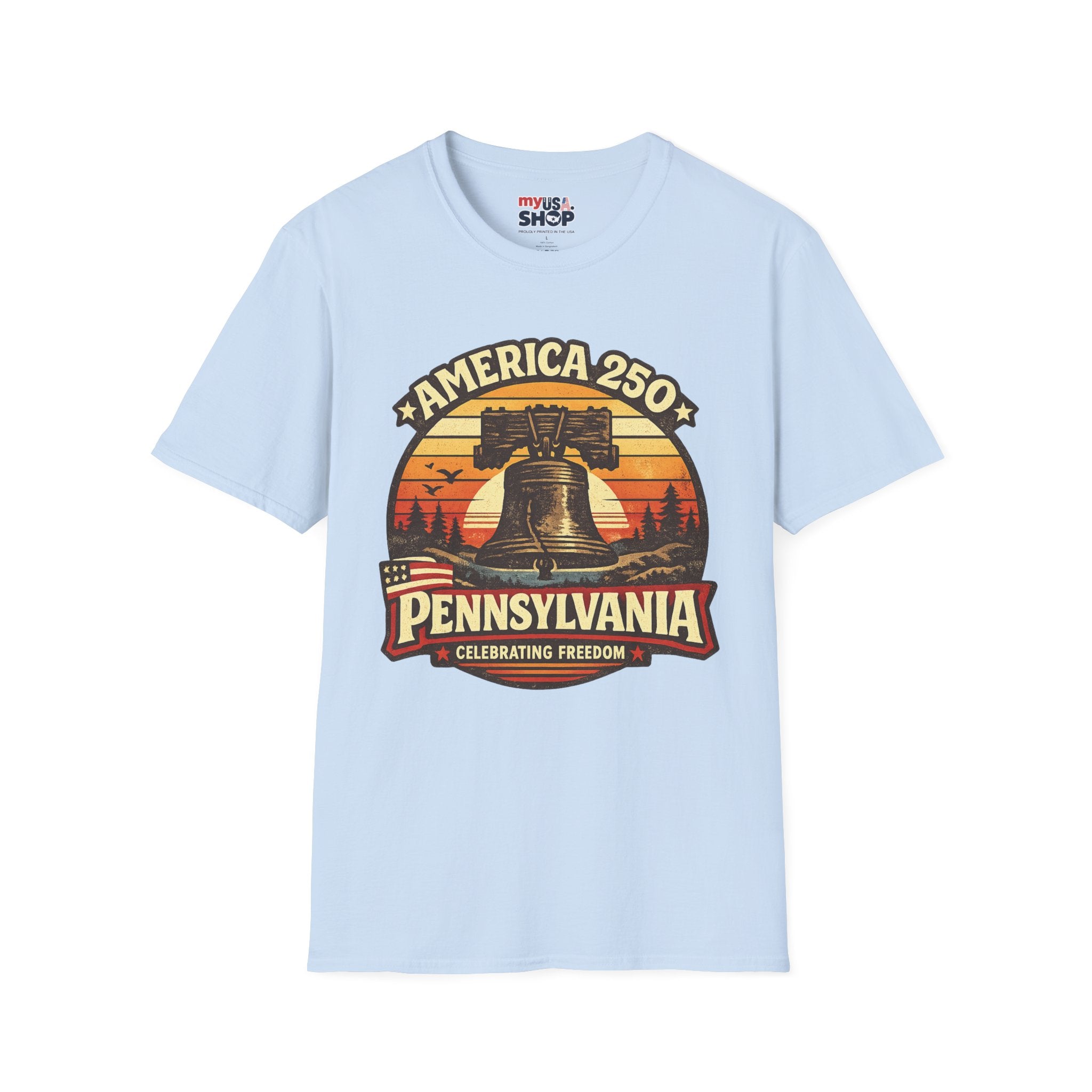 Pennsylvania America 250 Shirt — Retro Sunset Liberty Bell Graphic Tee