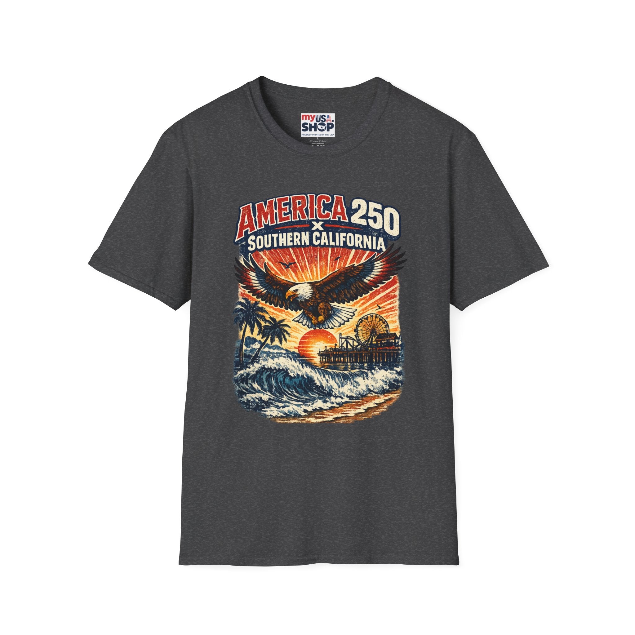 America 250 Southern California Graphic T-Shirt — Eagle, Sunset & Beach Vintage Design