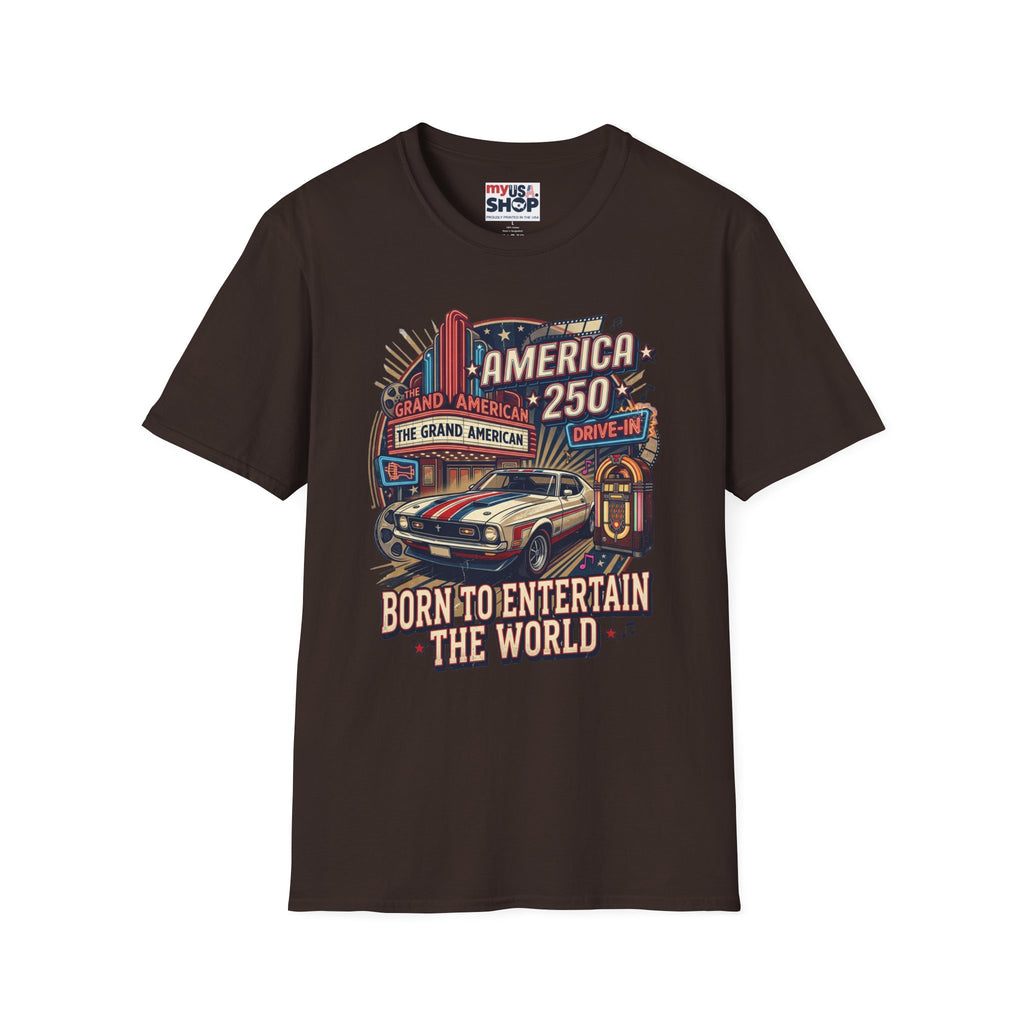 America 250 Vintage Drive-In Car T-Shirt — "Born to Entertain the World" Pop Culture