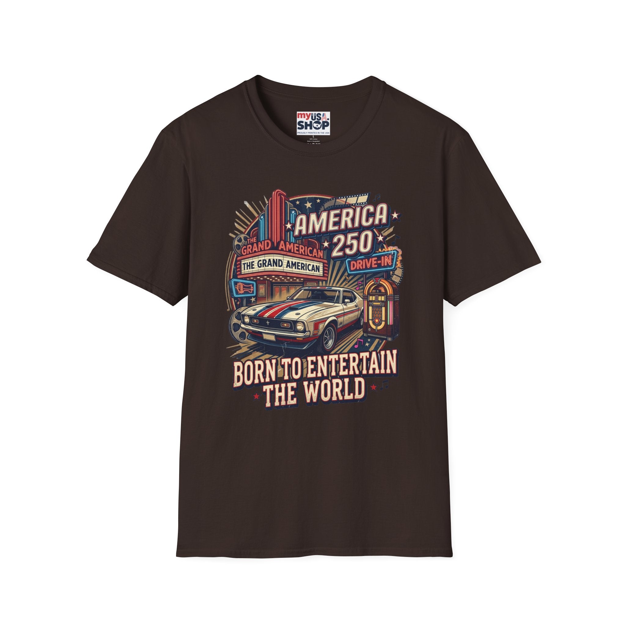 America 250 Vintage Drive-In Car T-Shirt — "Born to Entertain the World" Pop Culture