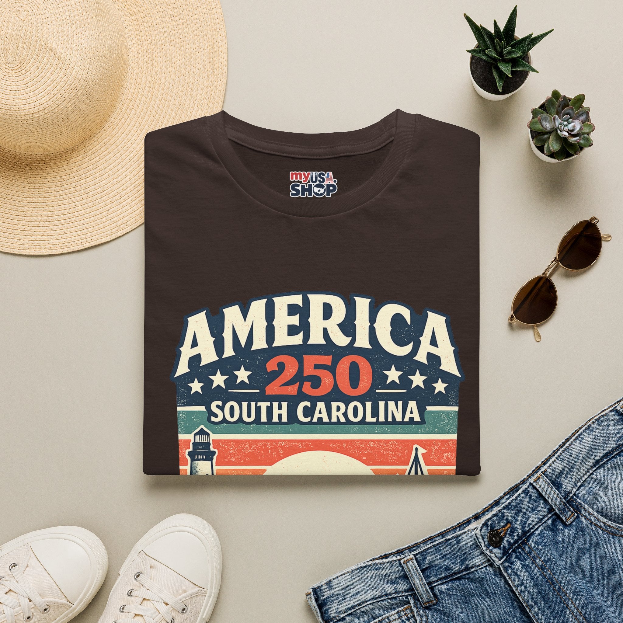 America 250 South Carolina T-Shirt – Retro Sunset Sailing Patriotic Tee