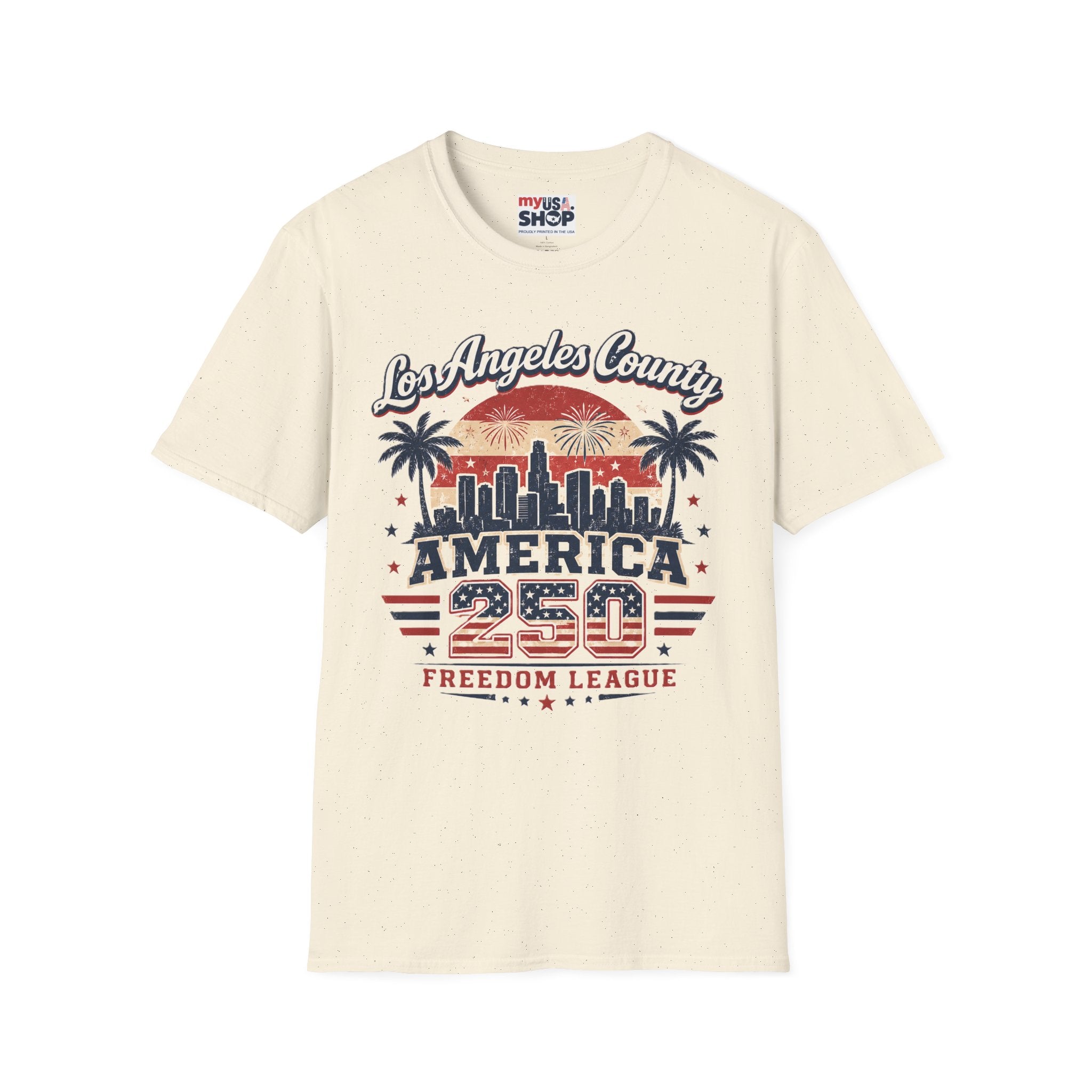 Los Angeles County Skyline T-Shirt — Vintage American 250 Fireworks Design