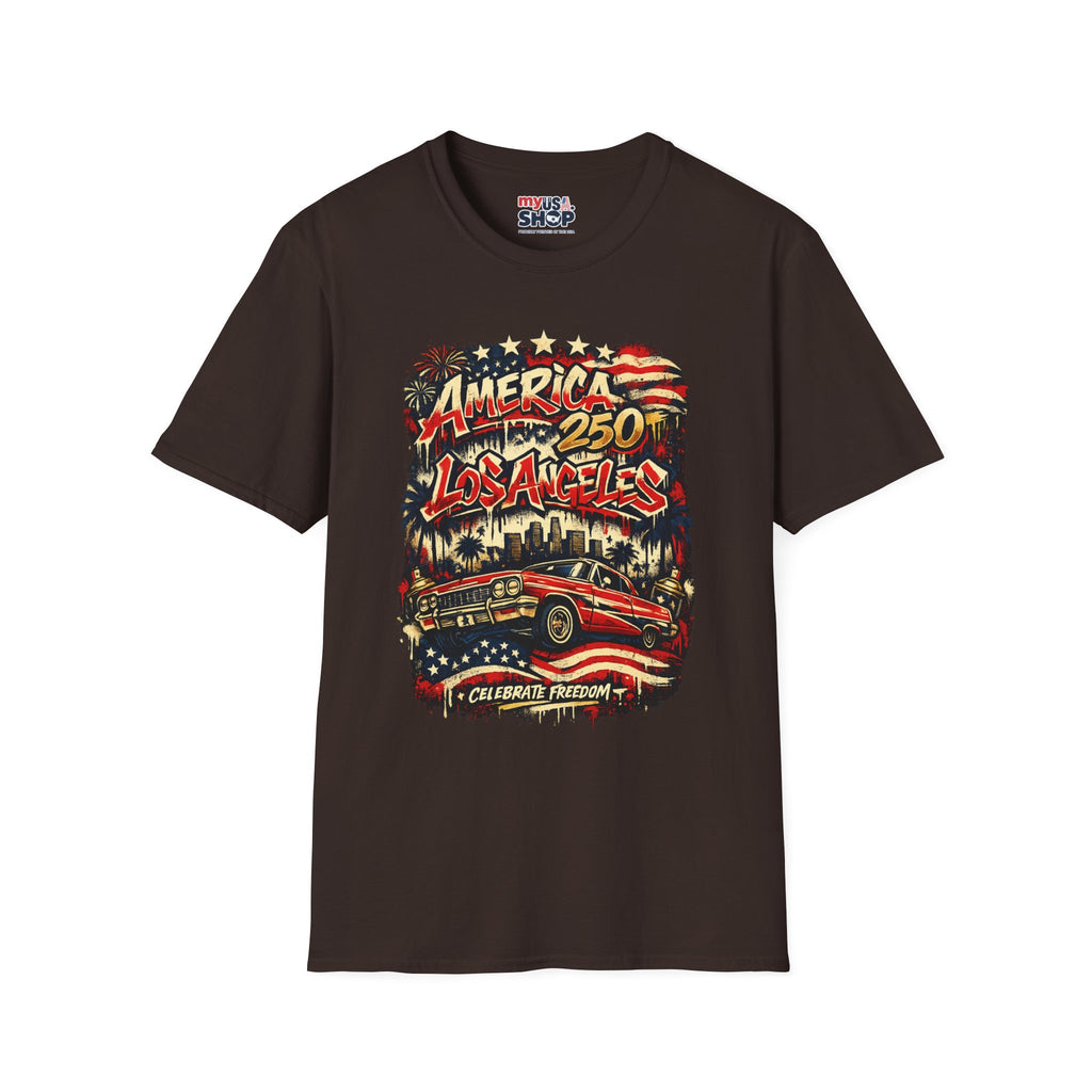 America 250 Los Angeles Lowrider Graffiti Palms Skyline Celebrate Freedom California Tee