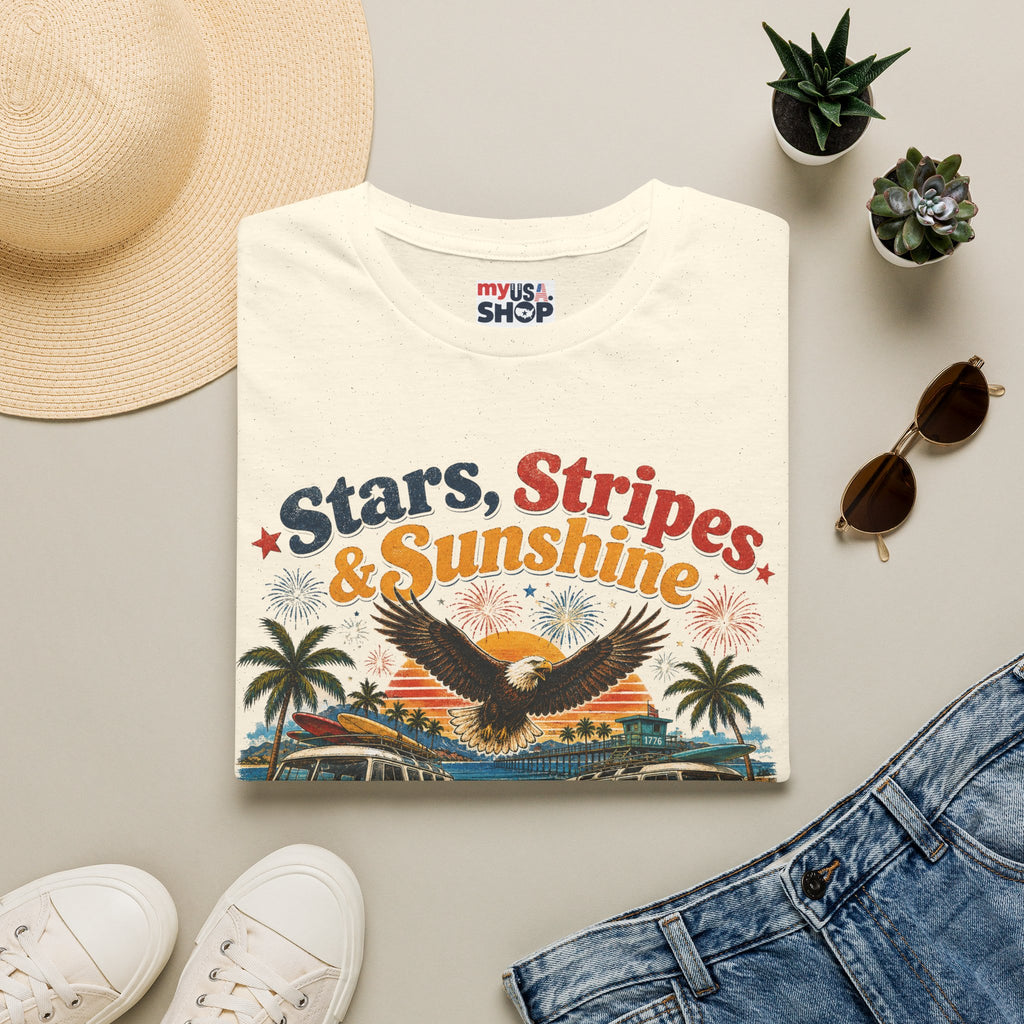 America 250 Stars, Stripes & Sunshine T-Shirt — Vintage Eagle Beach Americana Tee