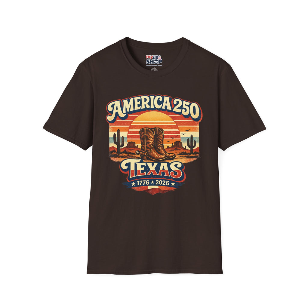 America 250 Texas T-Shirt — 1776–2026 Retro Cowboy Boots Sunset Design