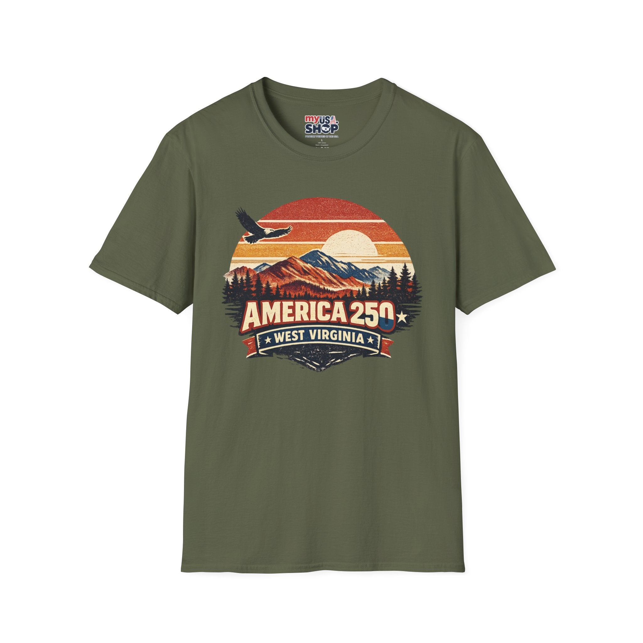 America 250 Retro Sunrise T-Shirt — West Virginia Scenic Eagle Design