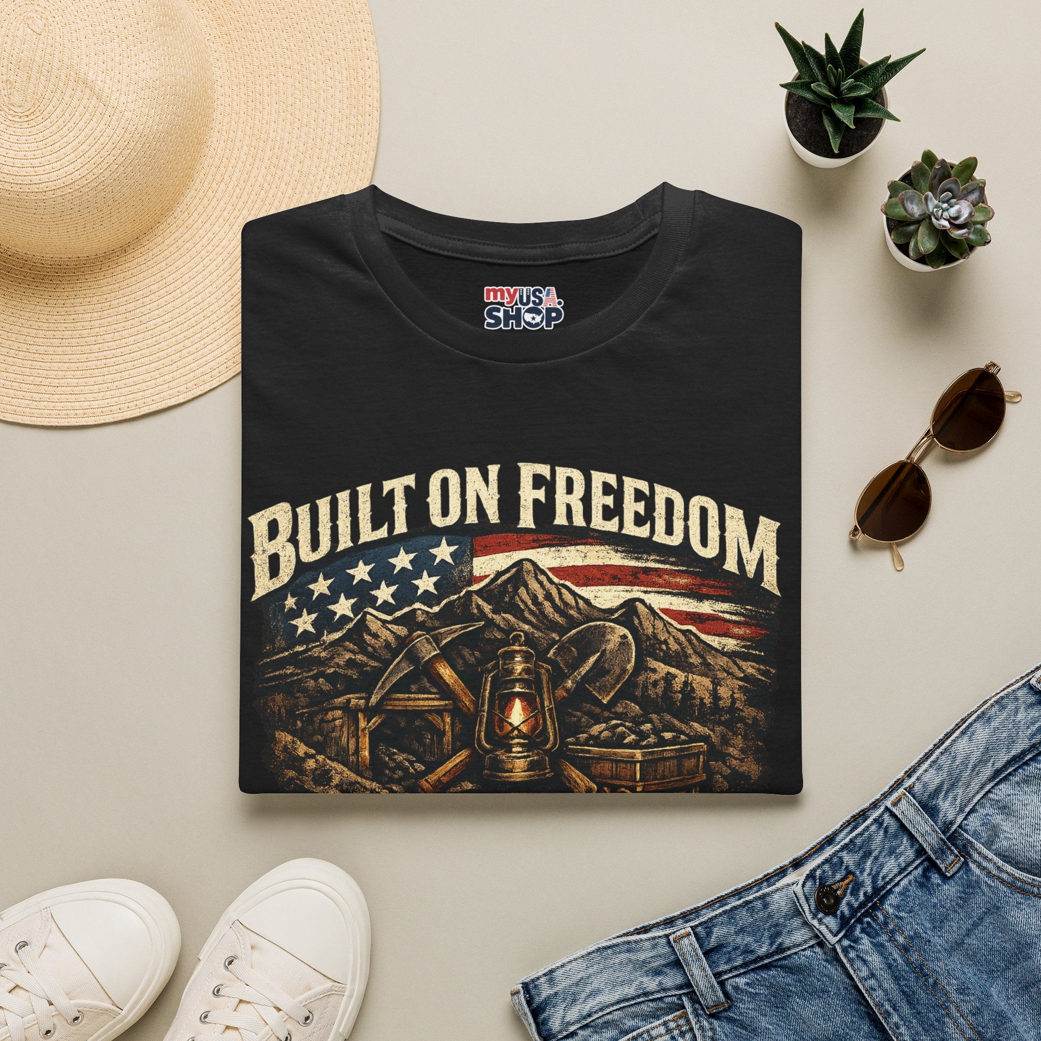 America 250 T-Shirt — Built on Freedom West Virginia Vintage Flag Mountain