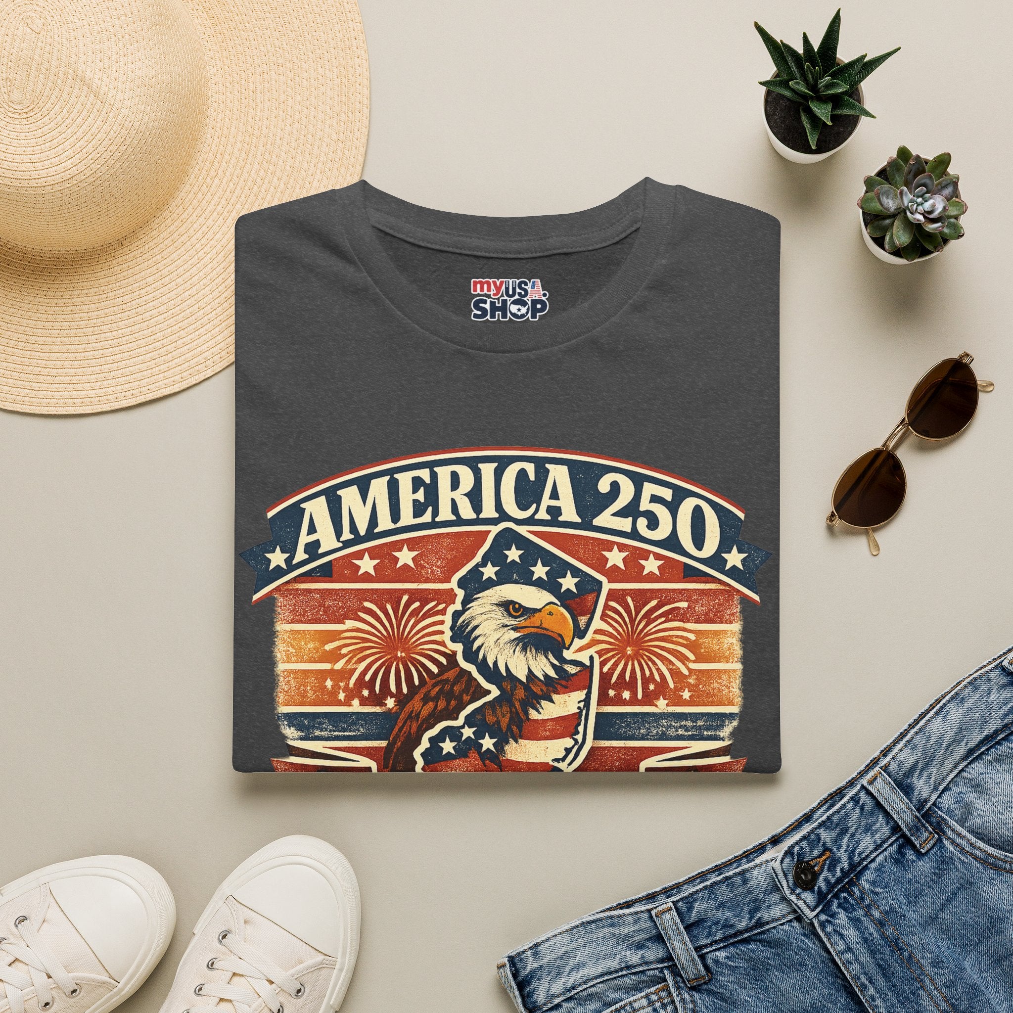 America 250 New Jersey T‑Shirt — Patriotic Bald Eagle & Fireworks Tee