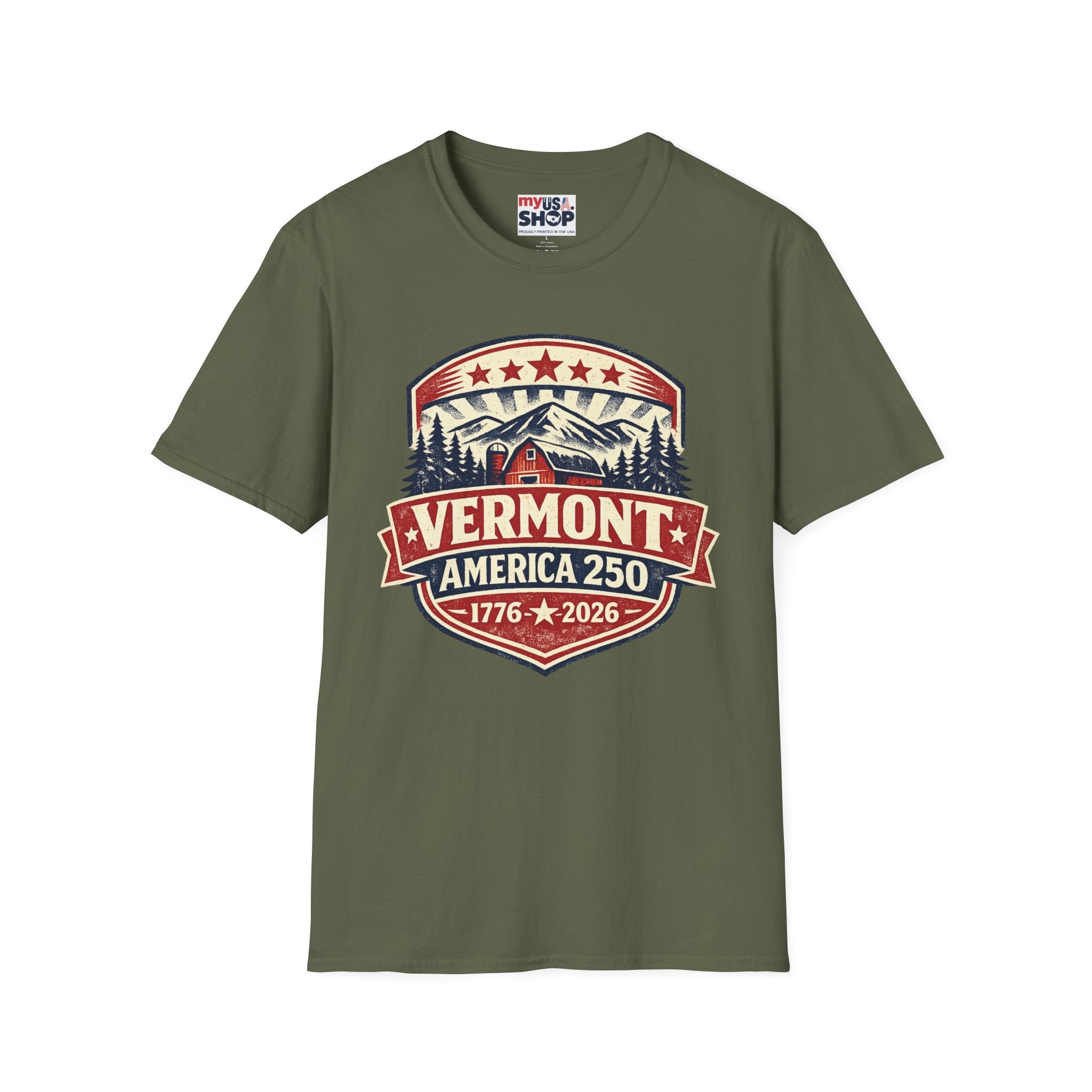 Vermont America 250 T-Shirt — Retro Mountain Cabin Design