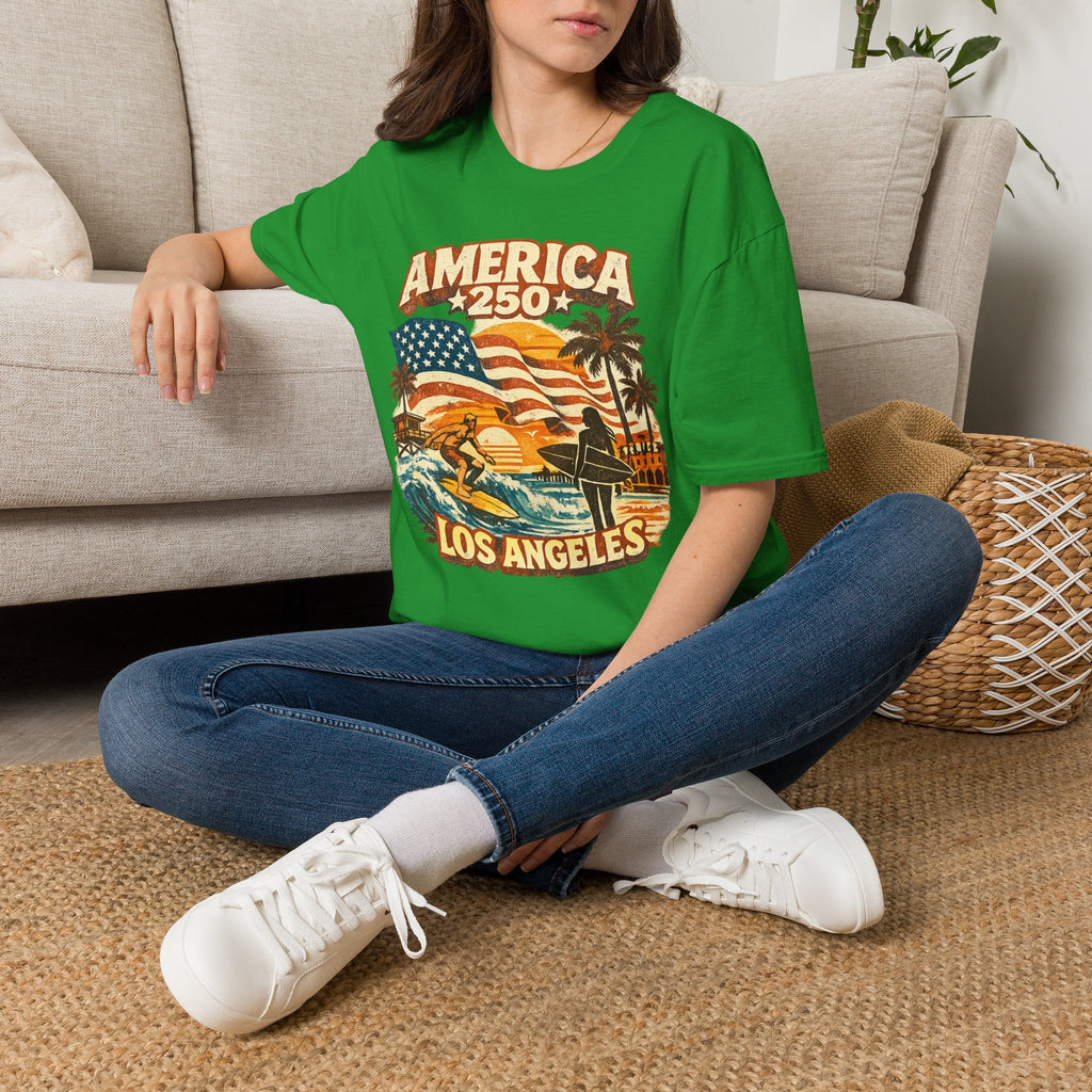 America 250 Los Angeles Surfers Beach Flag Palm Trees Sunset Retro California Tee