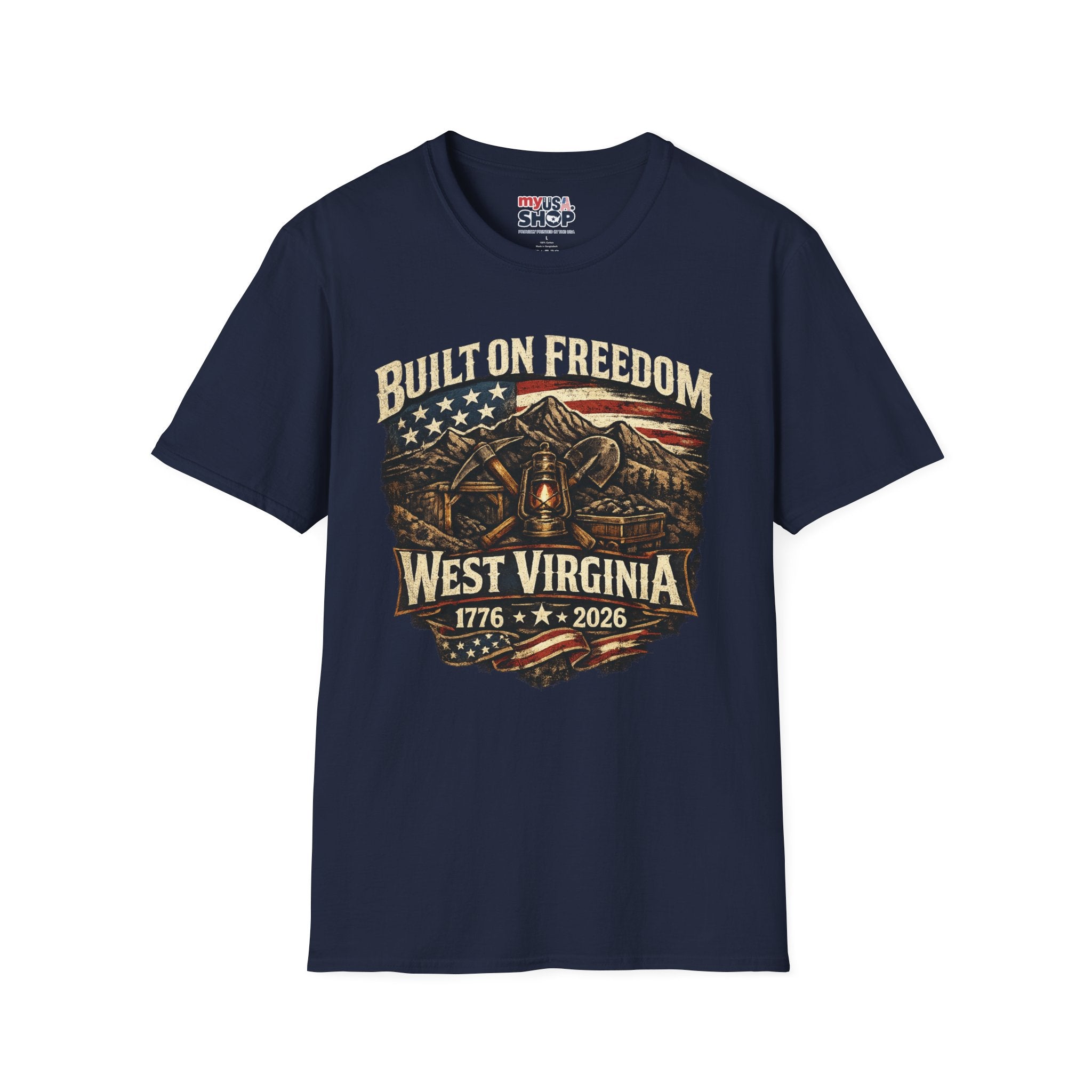 America 250 T-Shirt — Built on Freedom West Virginia Vintage Flag Mountain