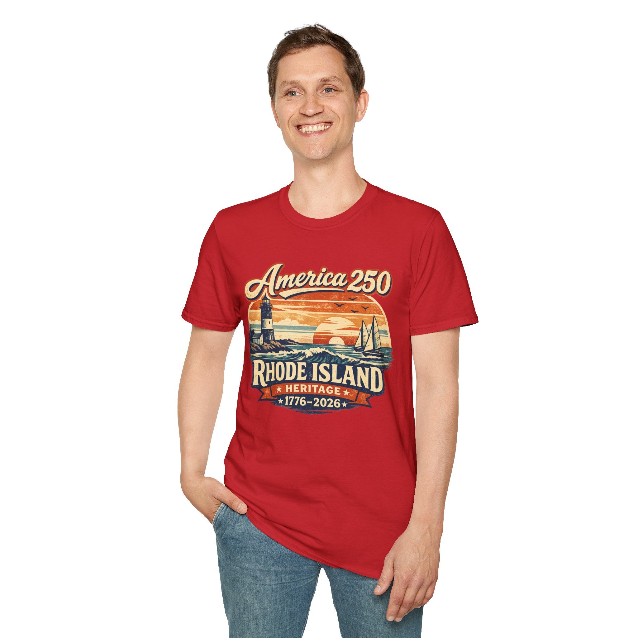 America 250 Rhode Island Heritage Shirt — Coastal Lighthouse Sunset Tee